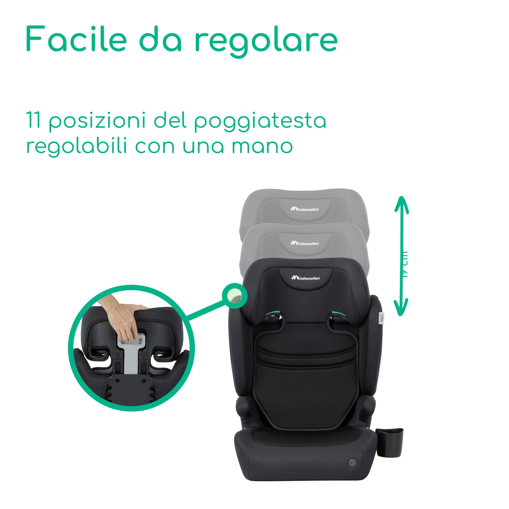 Bebeconfort Ride 2-in-1 i-Size Seggiolino Auto Bambini, 100–150 cm, 3,5–12 anni, Seggiolino Auto ISOFIX, Schienale Rimovibile, Leggero 3,7 kg, Poggiatesta a 11 Posizioni, Portabibite, Full Black