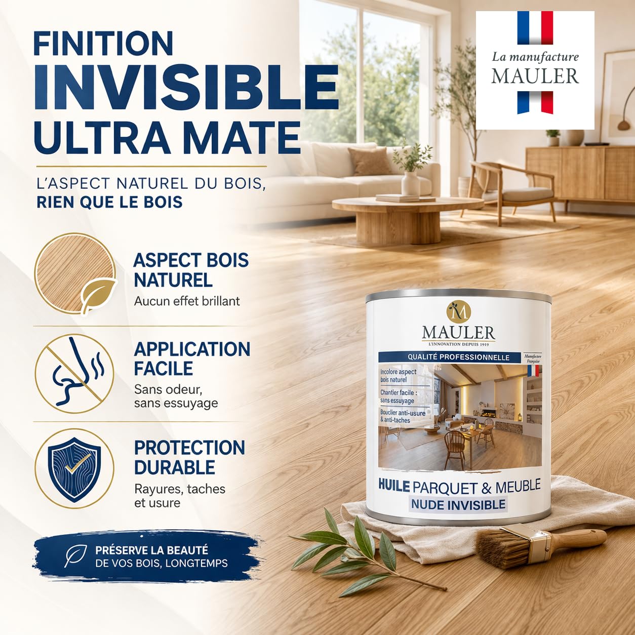 Huile Parquet et Meuble Bois Nude Invisible - 1L Incolore Ultra Mat - Protection rayure, tache, usure - MAULER Professionnel