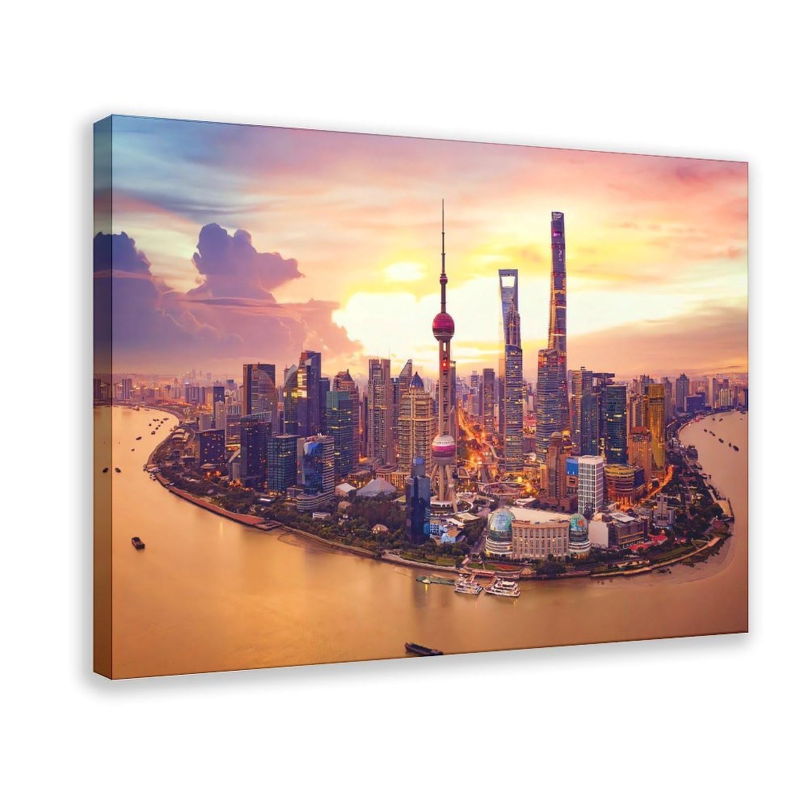 Qnvjqkdsi Frame Shanghai China Sunset City Landscape Art Canvas Poster Bedroom Decor Landscape Office Room Decor Gift 12" L X 18" W