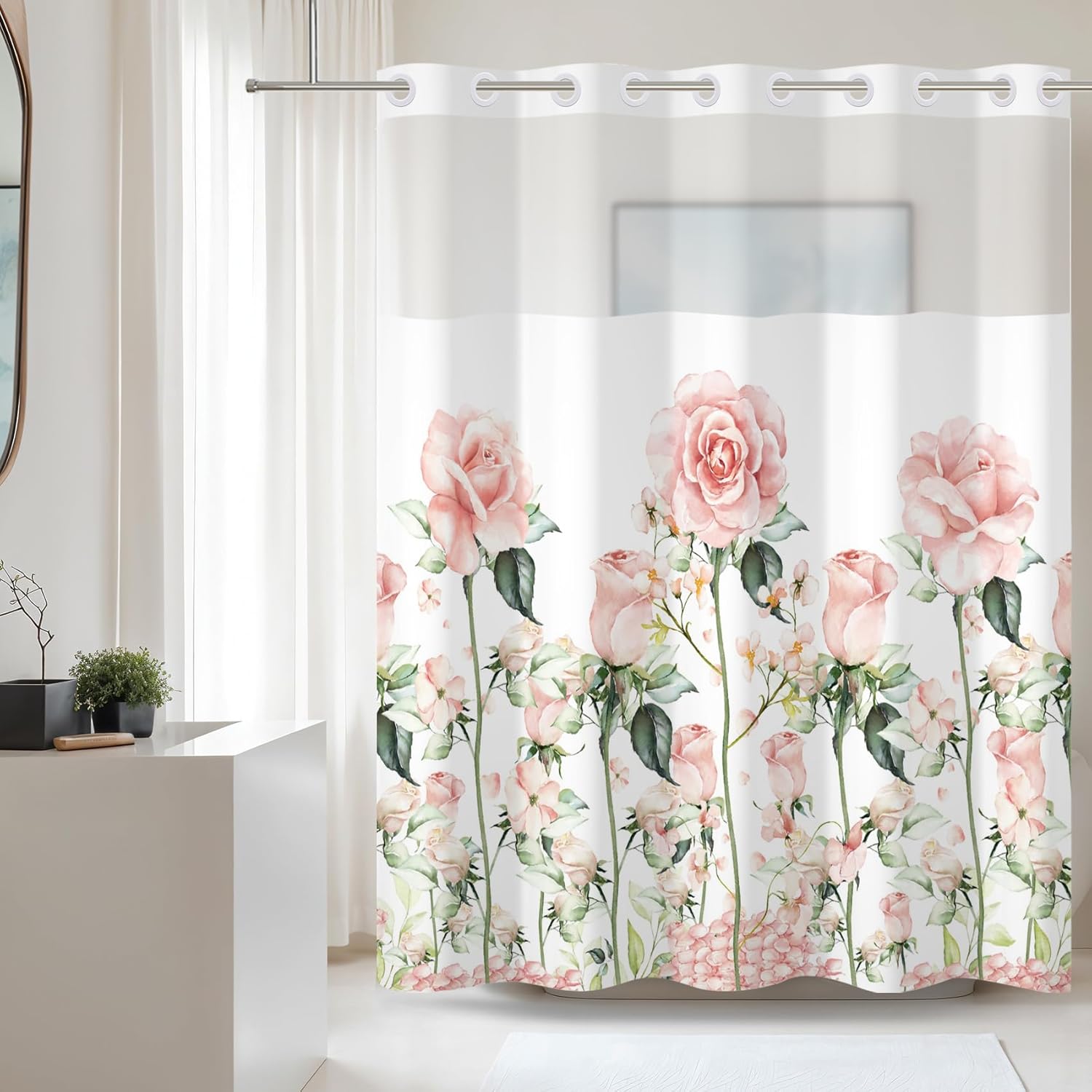 Baocicco No Hook Pink Rose Shower Curtain Set Watercolor Flowers Modern Hotel Style Fabric Polyester Curtains for Bathroom Decors Stylish Floral Bath Curtain with See Through Mesh 71x71 Inch
