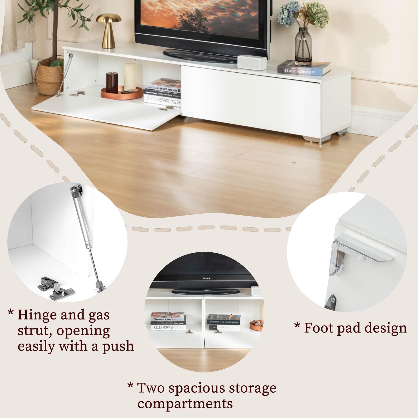 Mueble de TV Moderno Suspendido o Con Pie de 180 cm, Madera Blanca Con Almacenamiento, Para Salón