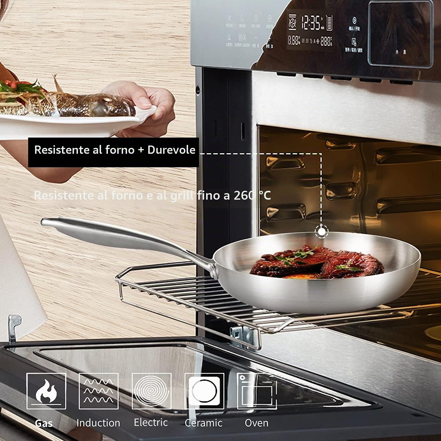 LOLYKITCH Set di 3 padelle in acciaio inox a tre strati da 21,5 a 25,4 - 30,5 cm, set di pentole a induzione, adatte per forno e lavastoviglie, manico rivettato