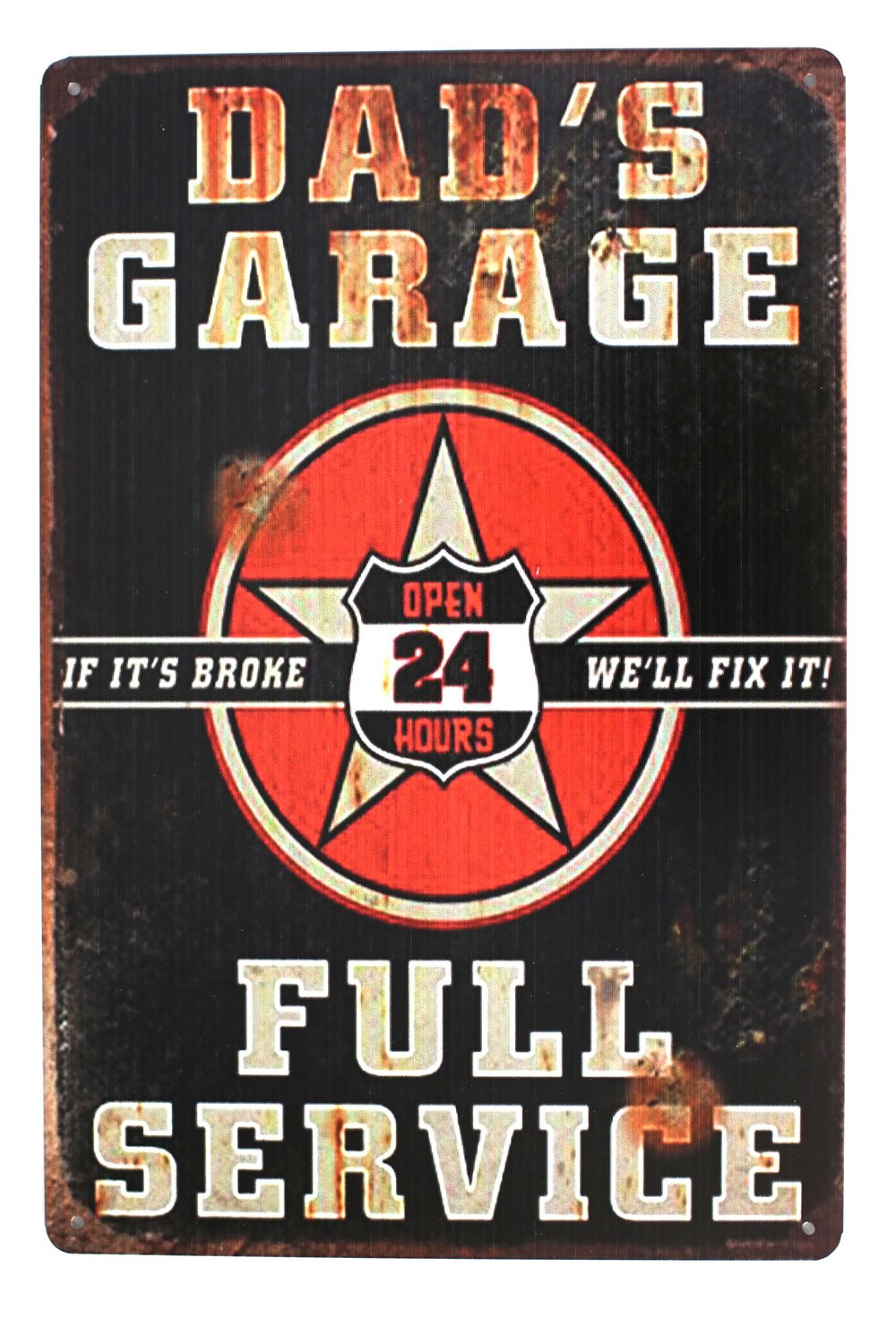 Hioni Dad's Garage Full Service Open 24 Hours, Metal Tin Sign, Vintage Plaque Wall Decor