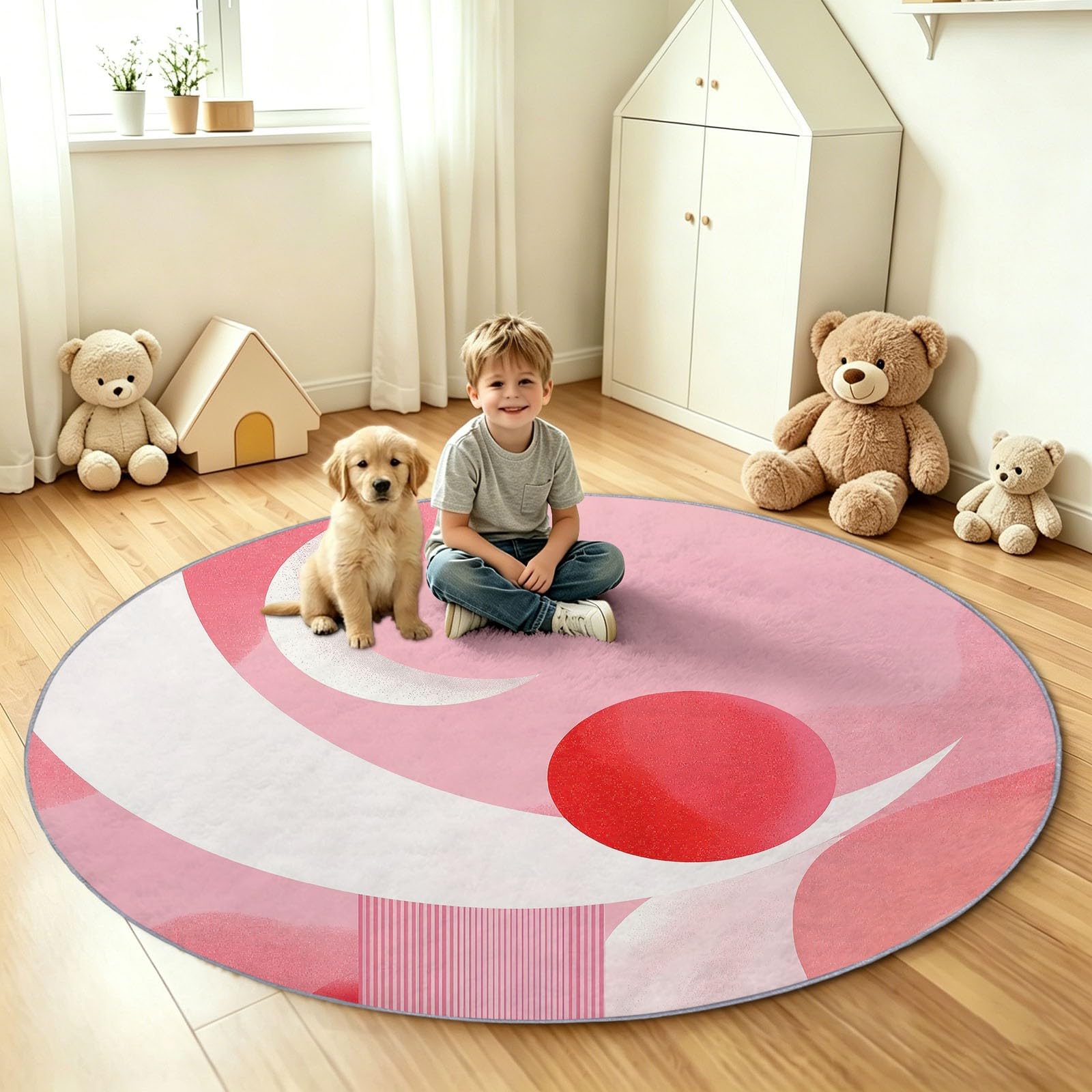 Tapis Salon Rond Rose 200 cm, Géométrique Minimaliste Lavable en Machine et Antidérapant Moquette, Extra Doux Tapis Lune Soleil Rouge Demi-Cercles pour Chambre à Coucher, Salle à Manger, Salle de jeux