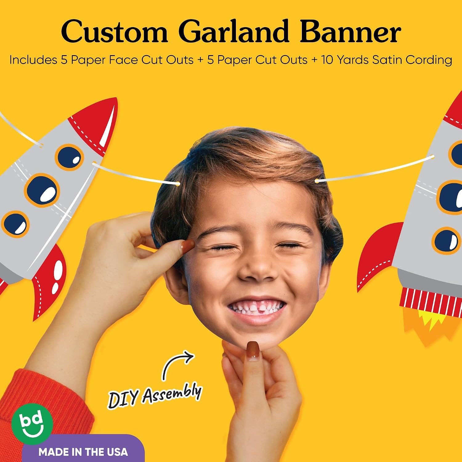 Big Dot of Happiness Custom Blast Off to Outer Space Face Cut Out Garland Banner, Personalized Rocket Ship Birthday Party Decor, 30 Feet of Cord, 5 Photo Face Cutouts, 5 Spaceships