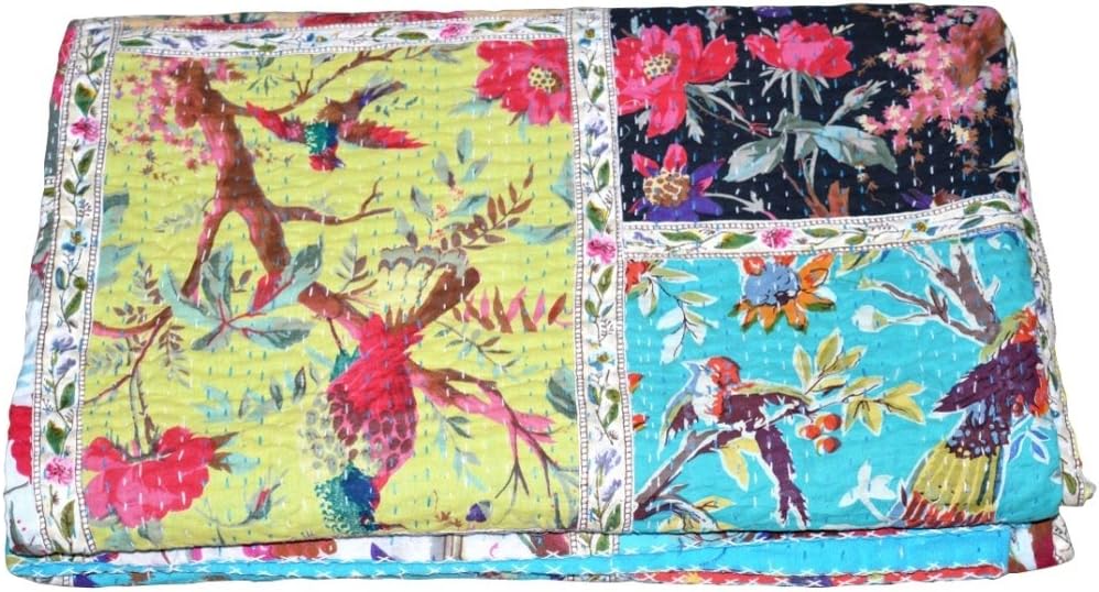 Bird Print Patchwork Cotton Kantha Quilt Throw Blanket Bedspread Gudari (Twin Size) - Image 5