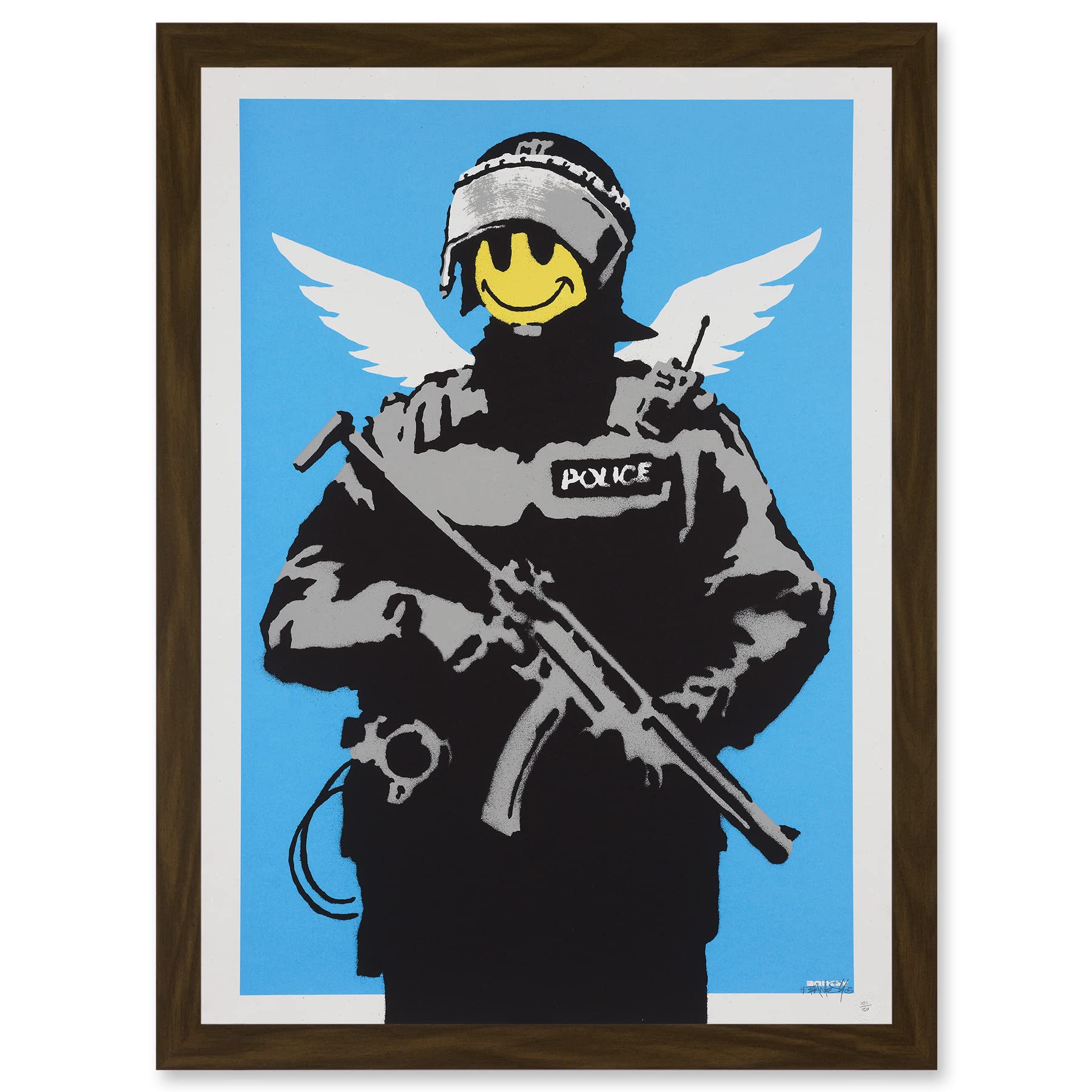Artery8 Banksy Happy Angel Policeman Graffiti Street Mural Artwork Framed Wall Art Print A4