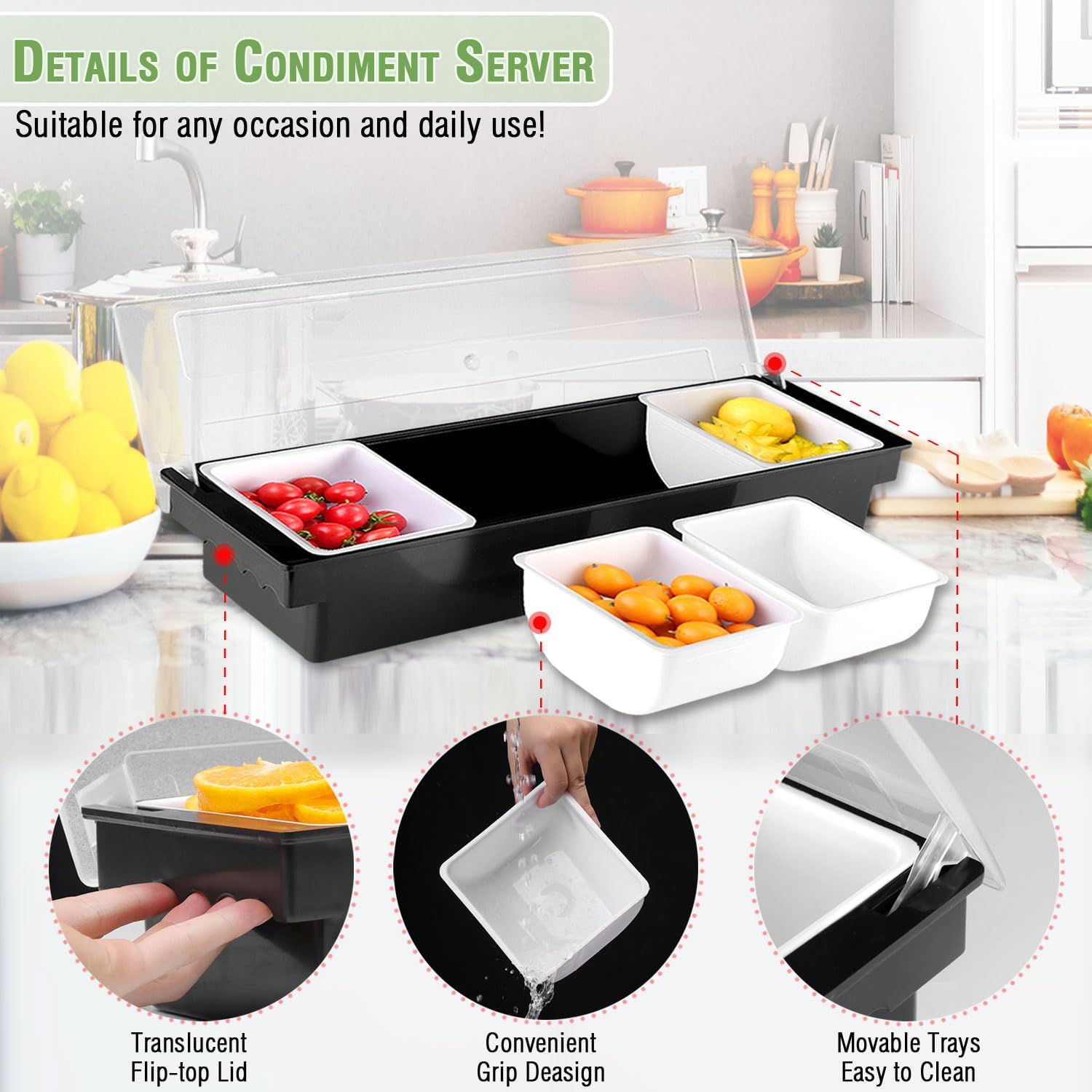 V·RESOURCING Ice Chilled Condiment Caddy,4 Containers(27oz) with Ice Chamber,Ice Cooled Condiment Serving Container with Lid for Salar Bar,Fruit,Veggie,Candy,Snack,Sauce - Image 5