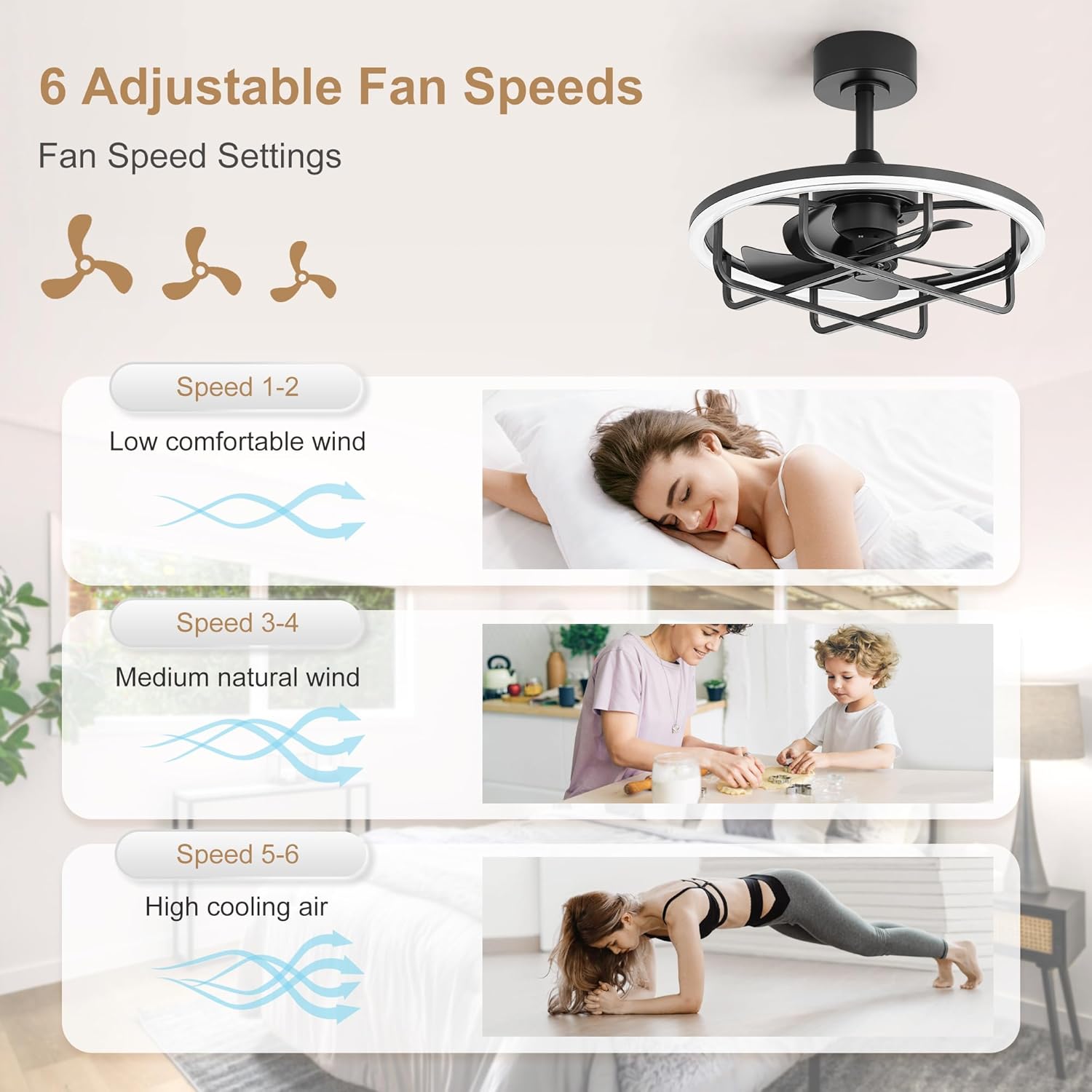20-Inch Caged Ceiling Fans with Lights and Remote, Modern Low Profile Ceiling Fan with 3CCT Dimmable LED, Reversible DC Motor, 2 Downrods, Enclosed Fandelier for Bedroom (Black)
