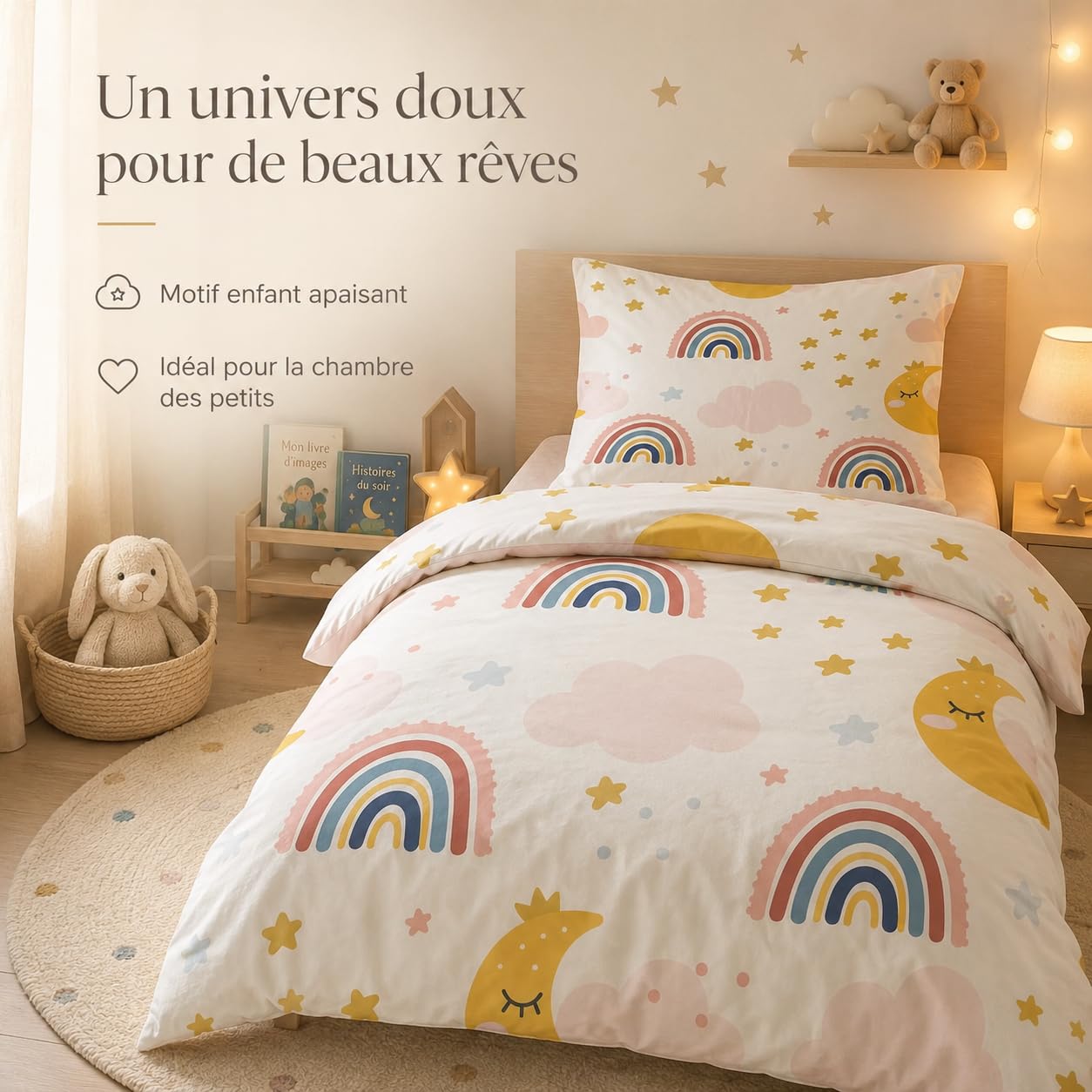 Parure de lit pour Enfant et BéBé étoiles Étoile Housse de Couette 100x135 cm Bebe et Taie d'oreiller 40x60 cm, Lune Jaune Réversible Ensemble de Literie Linge de Lit pour Tout-Petits
