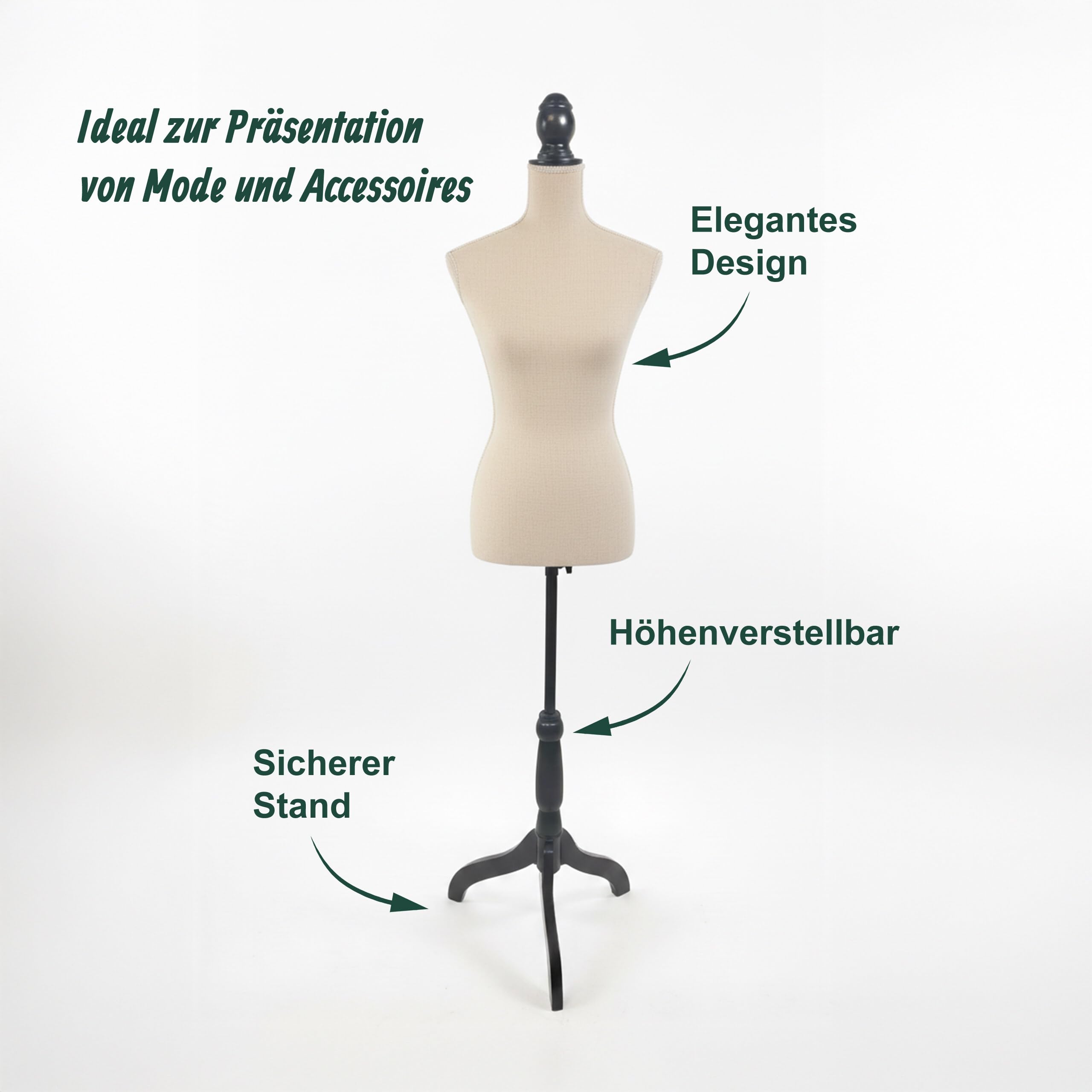 Relaxdays Schneiderpuppe weiblich, Größe 36/38, verstellbar 130–167 cm, Samt, Holzständer, Nähpuppe, Champagner/schwarz
