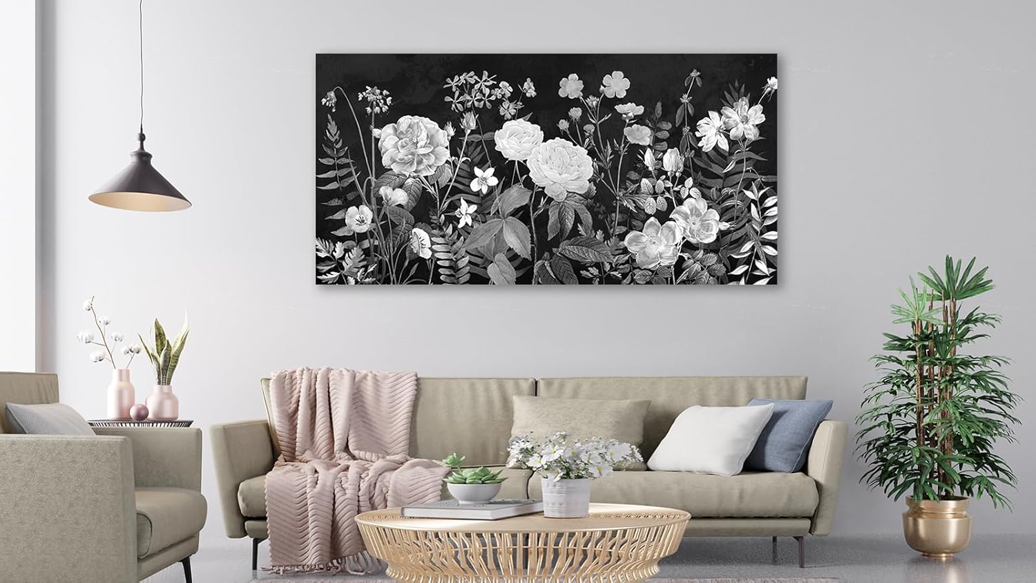 large wall art for living room decor framed art plant black and white flowers canvas pictures modern artwork botanical canvas prints for bedroom kitchen home office wall decor 20" x 40" 40"l x 20"w black