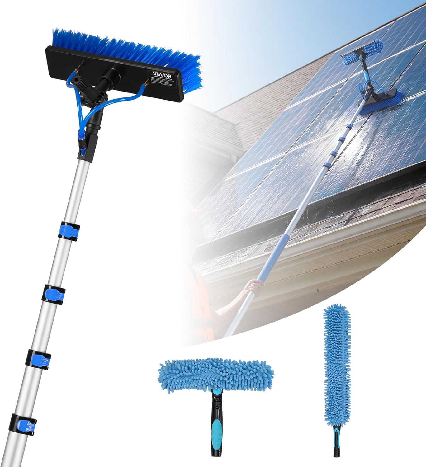 VEVOR Solar Panel Cleaning Kit, 24 ft, Water Fed Pole Kit with Cleaning Brush, Soap Dispenser, Extendable Aluminum Telescopic Pole, 180° Rotatable Brush Head, for Roof Mounted Solar Panels, Windows