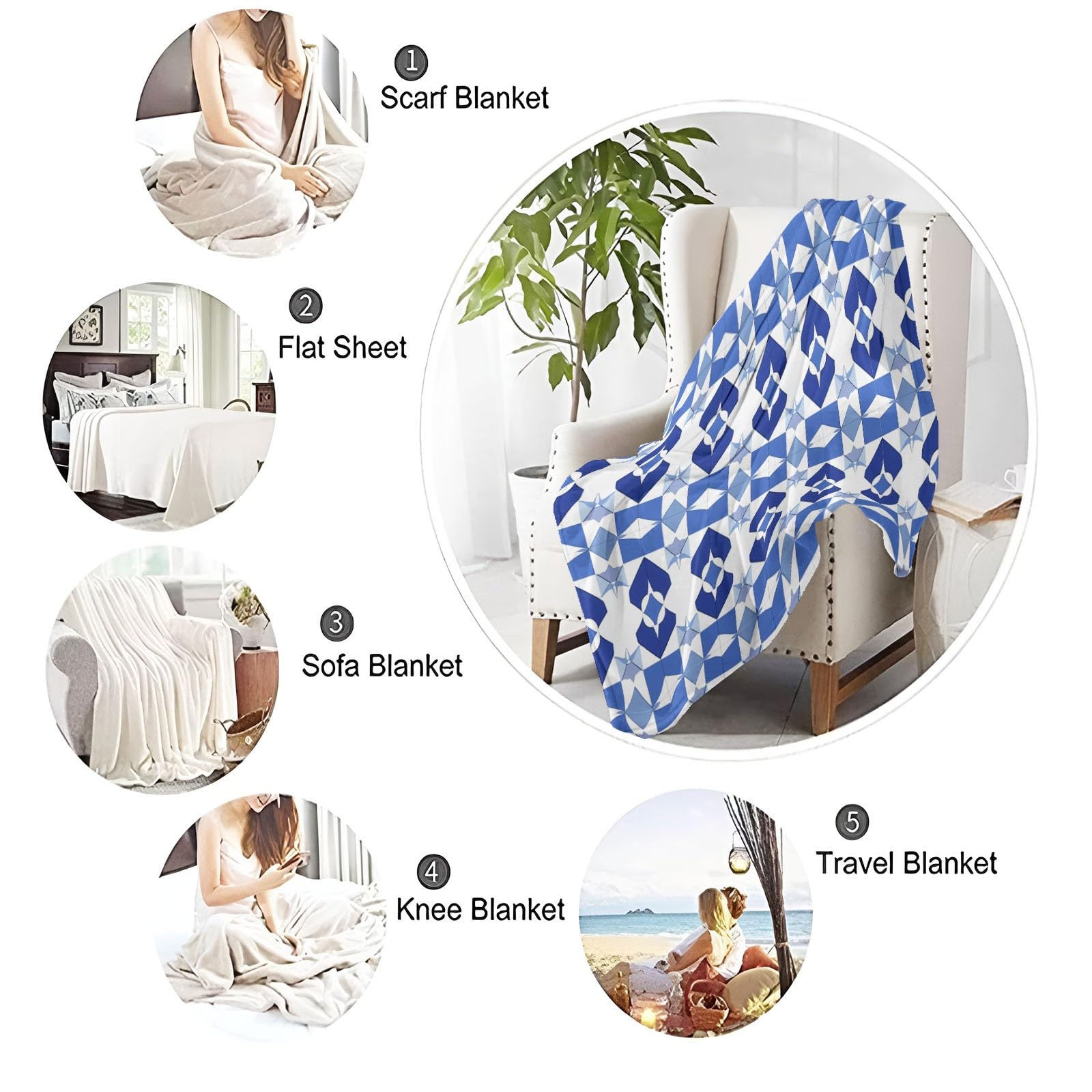 Manta Polar con Estampado Geométrico Azul, Minimalist para Sofá de Microfibra Manta de Felpa Suave Manta de Cama o de Sala de Estar 180x200 cm
