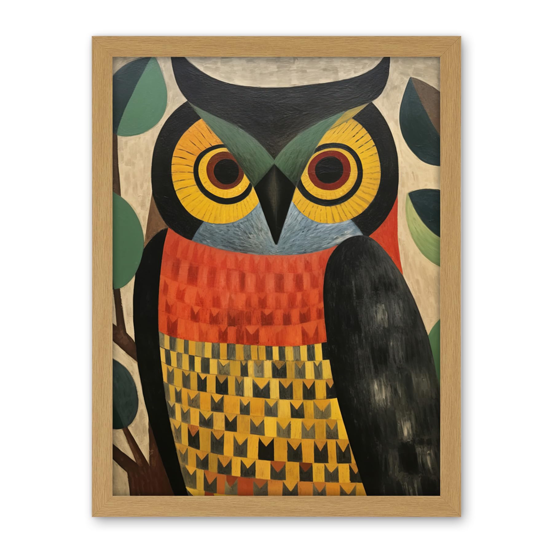 Artery8 Folk Art Geometric Owl Boho Colours Yellow Coral Green Bold but Subtle Artwork Framed Wall Art Print 18X24 Inch