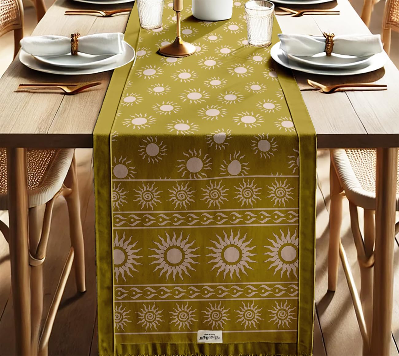Double Layer Cotton Table Runner with Border - Block Print, Machine Washable - Dining Table Décor for Farmhouse & Modern Homes