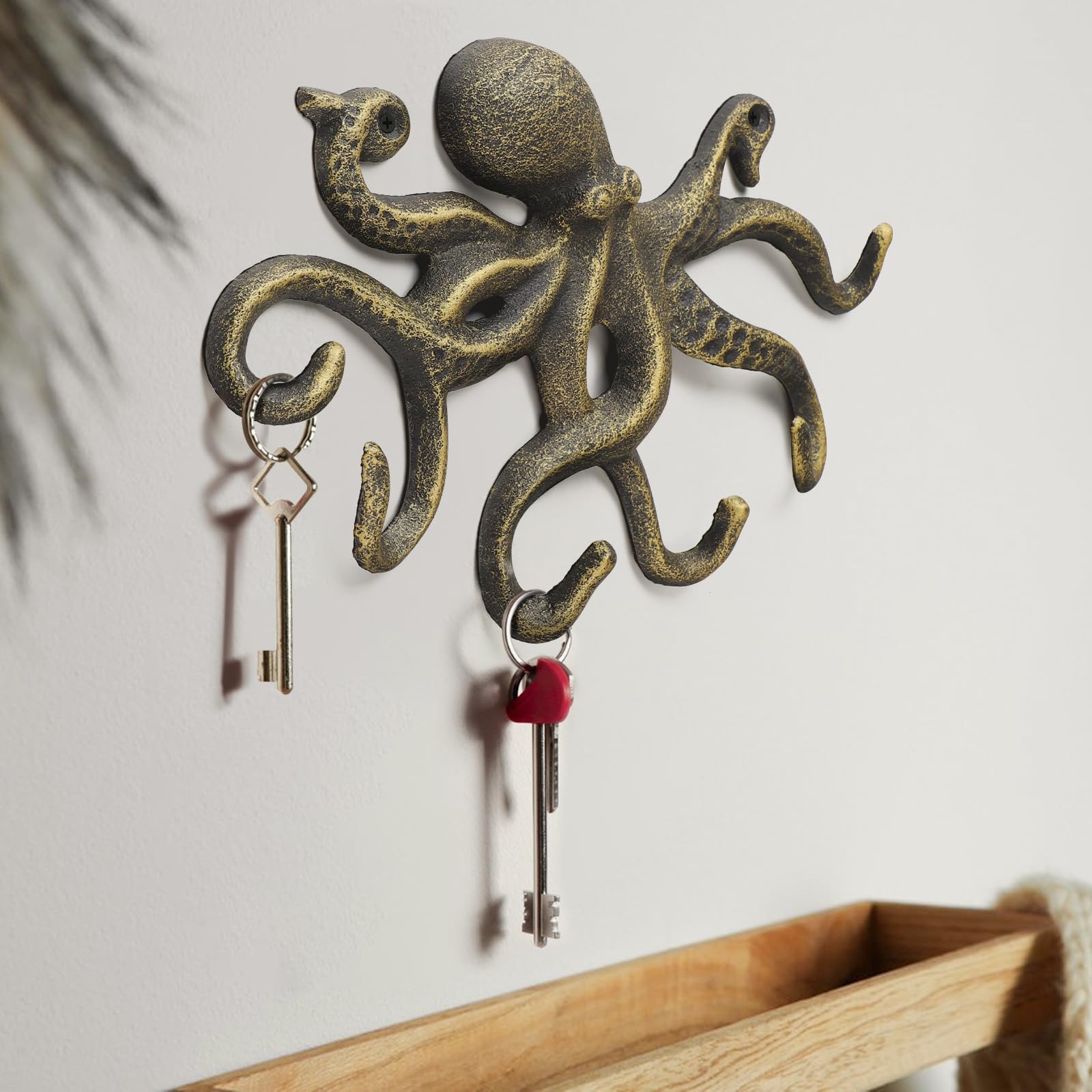 efuturetime Colgador Pared de Pulpo, Gancho de Pared de Hierro con Tornillos, Rústico Percheros de Pared para Colgar Ropa Llaves Sombreros Bolsos, Oro-Negro