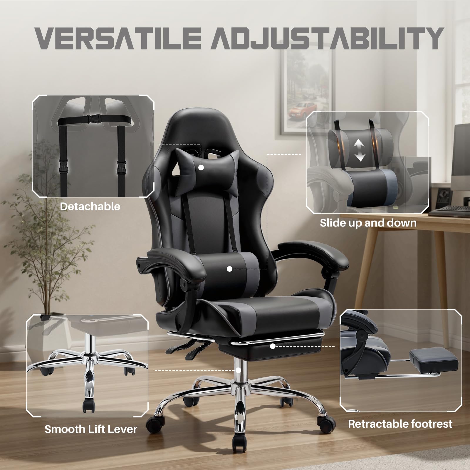 DUMOS Home Office Desk Chair With Footrest, High-Back Mesh Rolling Swivel Reclining Chairs With Wheels, Comfortable Headrest, Lumbar Support, Comfy Arms For Home, Office, Gaming, Student, Grey