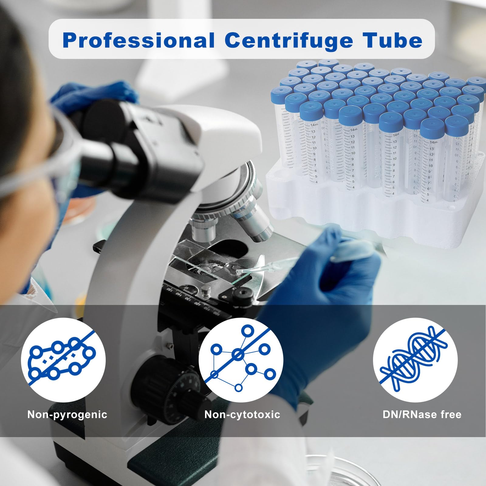 Provette coniche per centrifuga da 15 ml, 100 provette in polipropilene con tappi piatti in polietilene, 12000 RCF, contenitore in plastica con area graduata e scrittura, pacchetto rack, non pirogeno