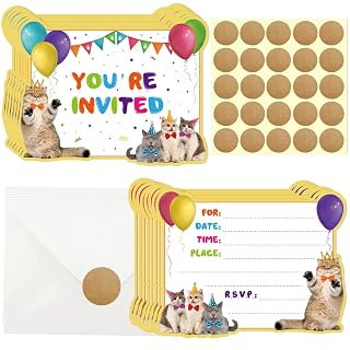 GOGOPARTY 20Pcs Cat Birthday Invitations, Kitten Party Invitations Cute Animal Birthday Party Invitations Cards with Tag Tags 20 Envelopes for Birthday Invitations Birthday Party Supplies 20 Envelopes