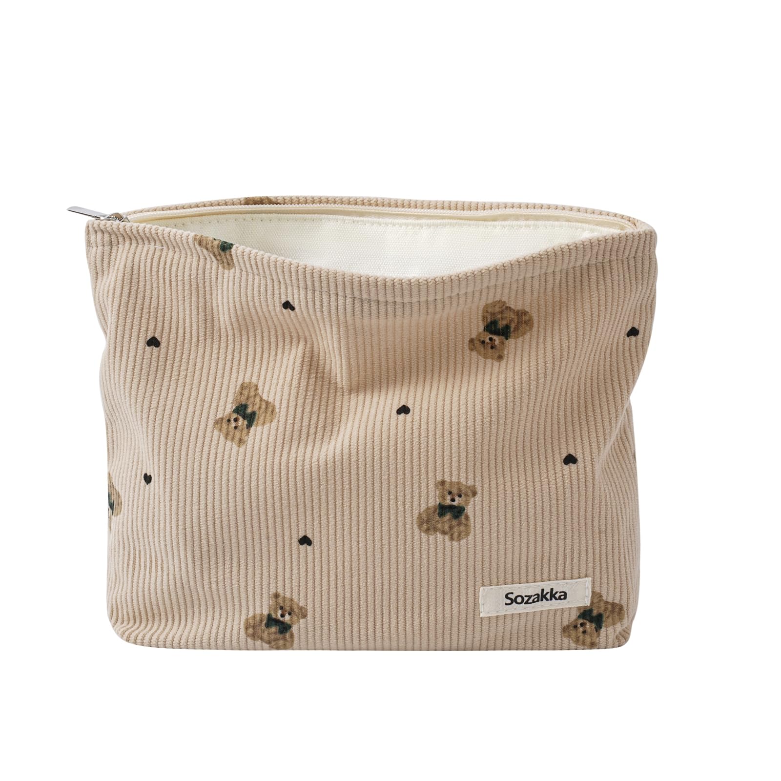 Cute Small Soft Corduroy Zipper Makeup Bag for Purse, Coquette Aesthetic Pouch with Bear Pattern for Women Girls, Kawaii Travel Cosmetic Bags（04Light