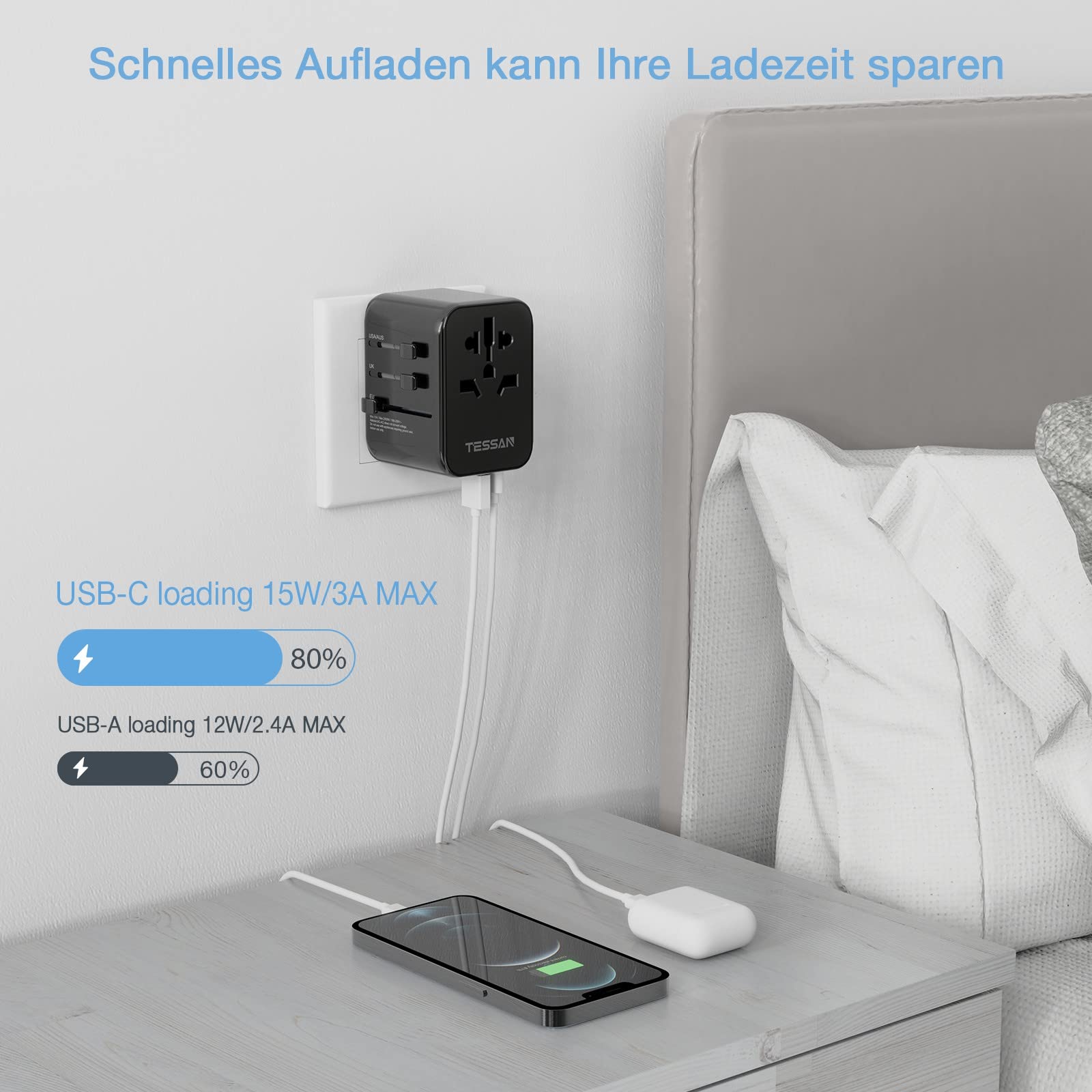 TESSAN Adattatore Universale da Viaggio, Presa Universale da Viaggio con 3 USB A e 1 USB C, Adattatore Spina Internazionale per Italia Inglese Americana Australia, Nero