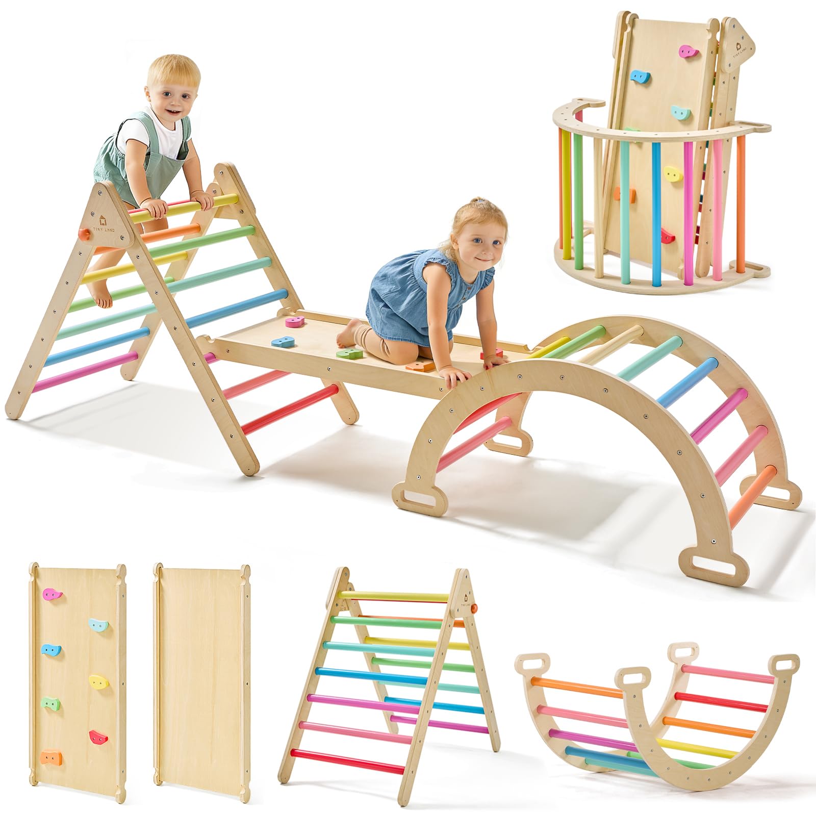Tiny Land Pikler Triangle Set, 7-in-1 Foldable Pikler Triangle Climbing Toys Set for Kids,Baby Indoor Playground Jungle Gym, Wooden Montessori Climbing Set for Toddler (Rainbow)