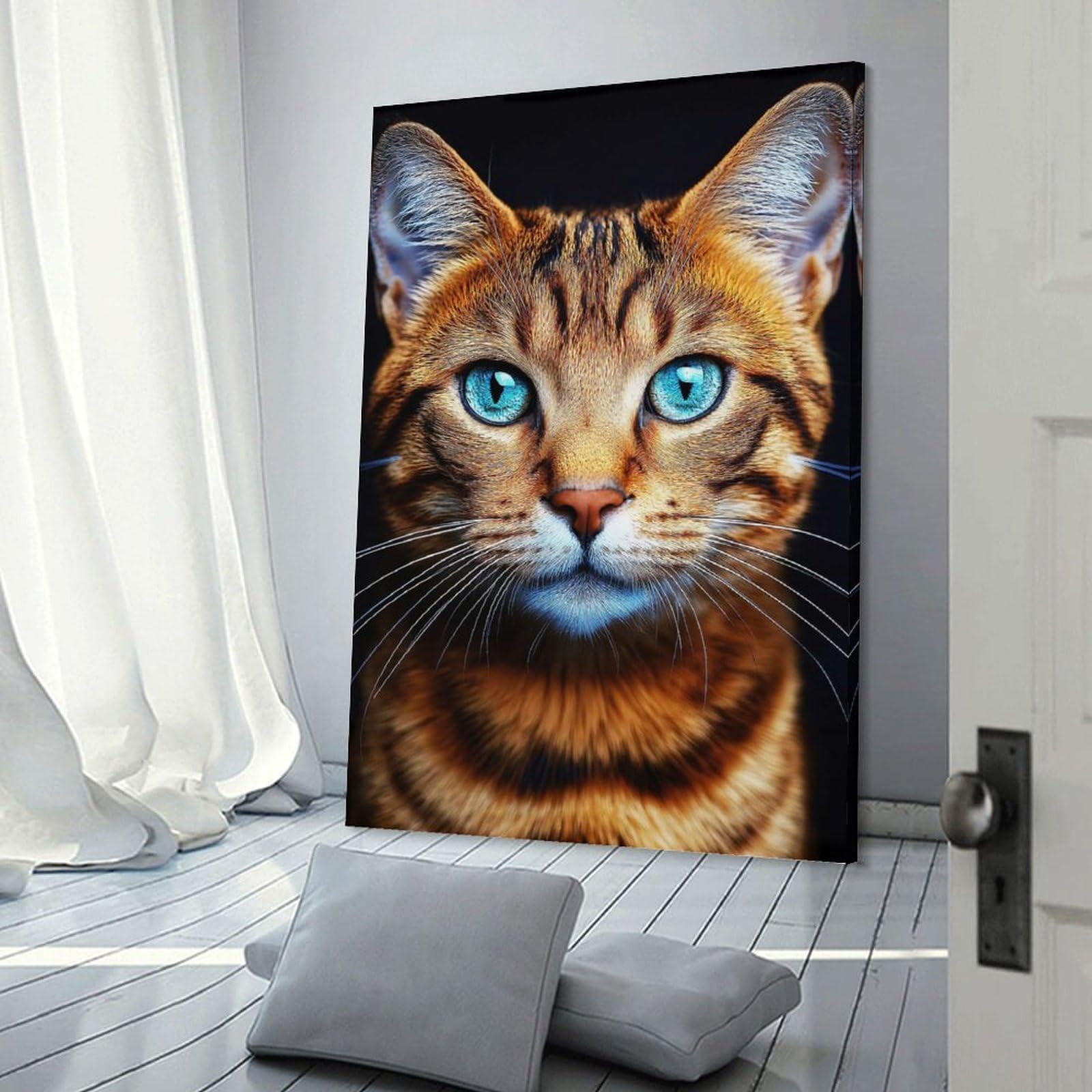 Junmoney Frame-Style-10 Bengal Cat Portrait With Blue Eyes Home Decor Wall Art 24X36inch(60X90cm), For Bedroom, Guest Room Or Reading Nook, Decorative Wall Art For Cosy Rooms
