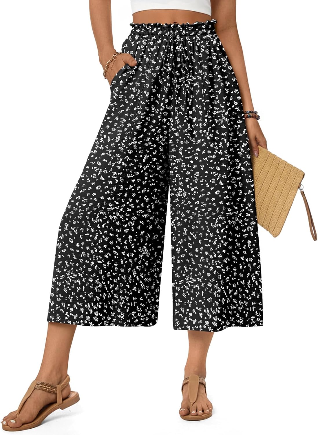 Anyhold Women's Capri Palazzo Pants High Waisted Wide Leg Adjustable Drawstring Loose Fit Summer Beach Pants Pockets - Image 2