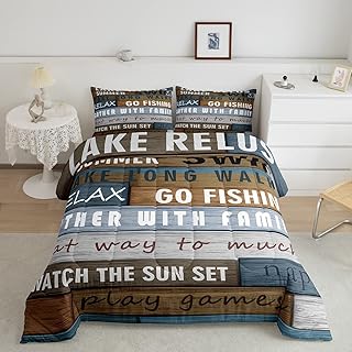 Feelyou Lake House Theme Comforter Set Camping House Bedding Set for Kids Boys Girls Camper Duvet Set Wooden Stripes Texture Inner Fill Comforter 1 Comforter Set with 2 Pillowcases Queen Size