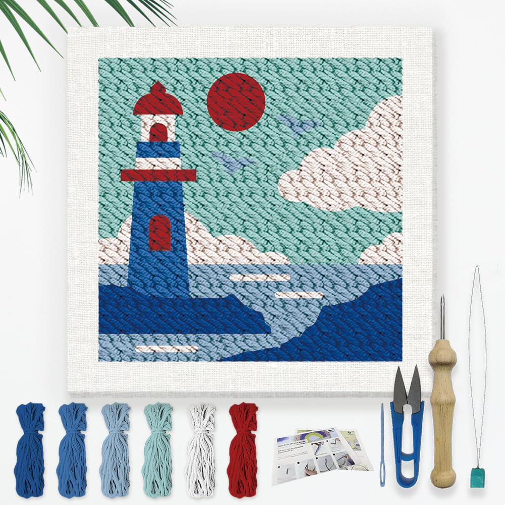 DOODLREAM Lighthouse DIY Punch Needle Embroidery Kit for Adult Beginner 24cm Sea Building Punch Stitching Craft Set for Starter with Frame Fabric Pattern