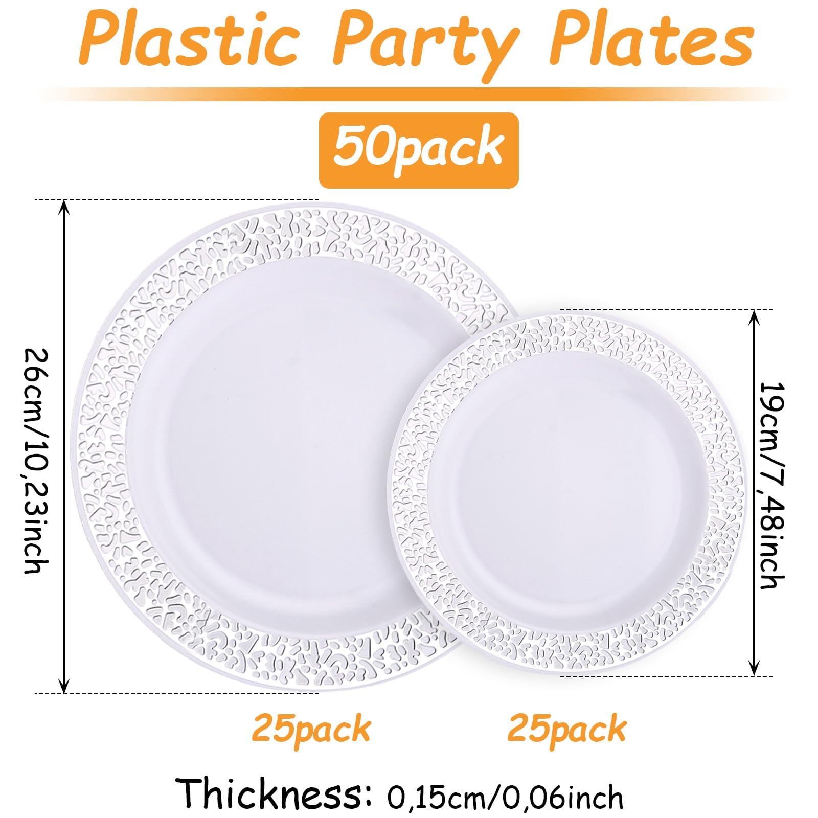 Juego de 50 platos de plástico blancos, 19 cm y 26 cm, reutilizables, platos de plástico reutilizables, para fiestas, platos de fiesta, platos de plástico con plateados para bodas, fiestas