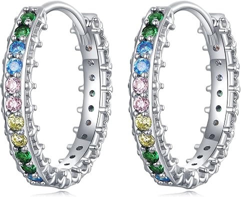 BISAER Large Hoop Earrings for Women 925 Sterling Silver Multicolored Cubic Zirconia Huggie Earrings Elements Stud Ear ccips Cuff Earrings for Women