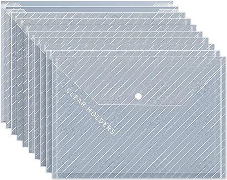 Documents Storage Bag, 10 Pack A4 Size Plastic 13 Inch x 9 Inch Transparent Twill File Envelopes with Snap Closure Transparent