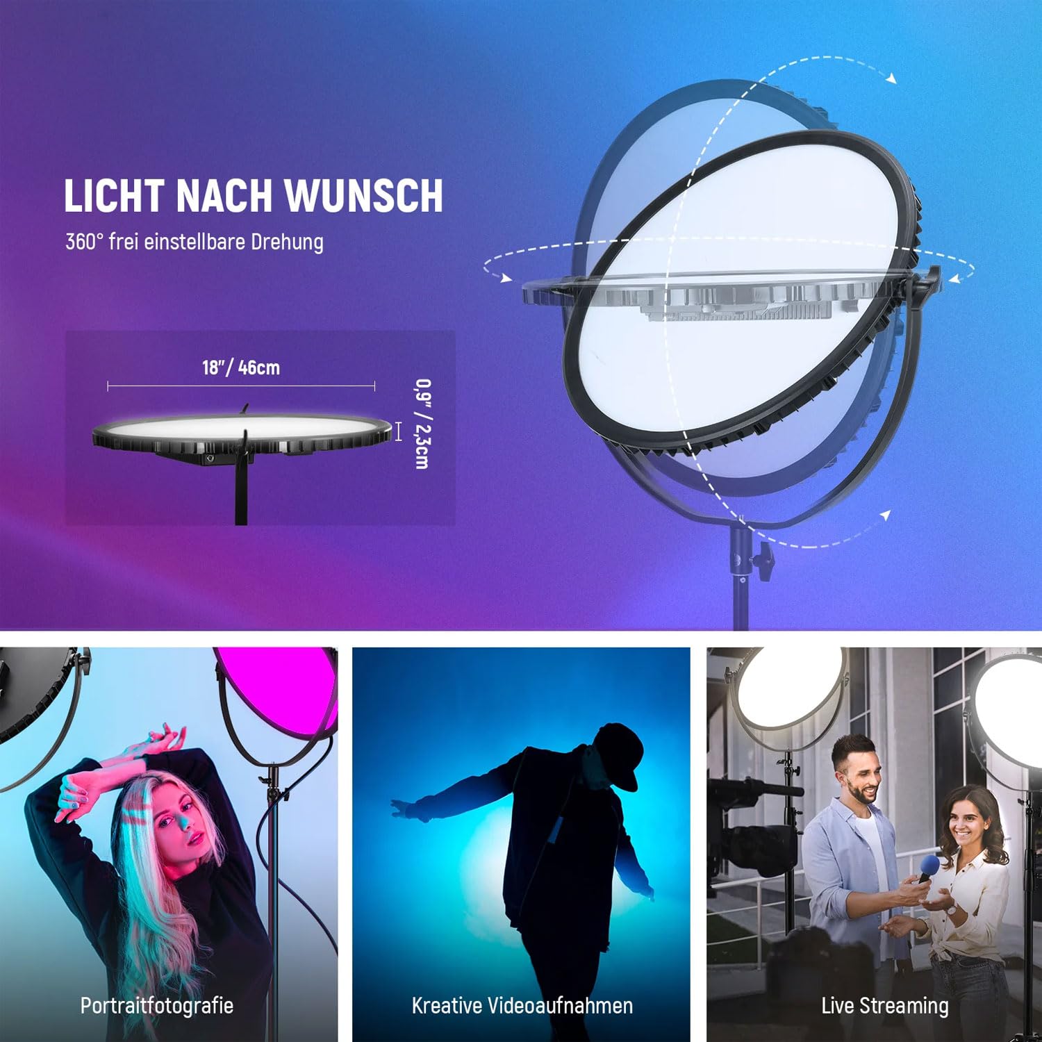GR18C Pannello LED rotondo RGB luce video con controllo APP 18 pollici con panno in microfibra keepdrum