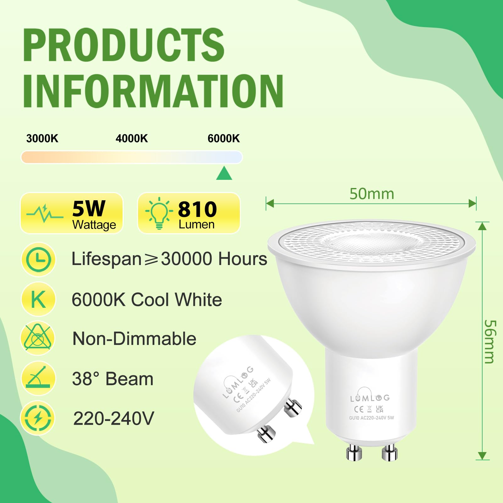 Lumlog GU10 LED Bulbs Cool White 6000K, 5W (50W Eqv), 810LM, CRI>80, 38° Beam, Non-Flicker, Non-Dimmable, Energy Class C - Image 2