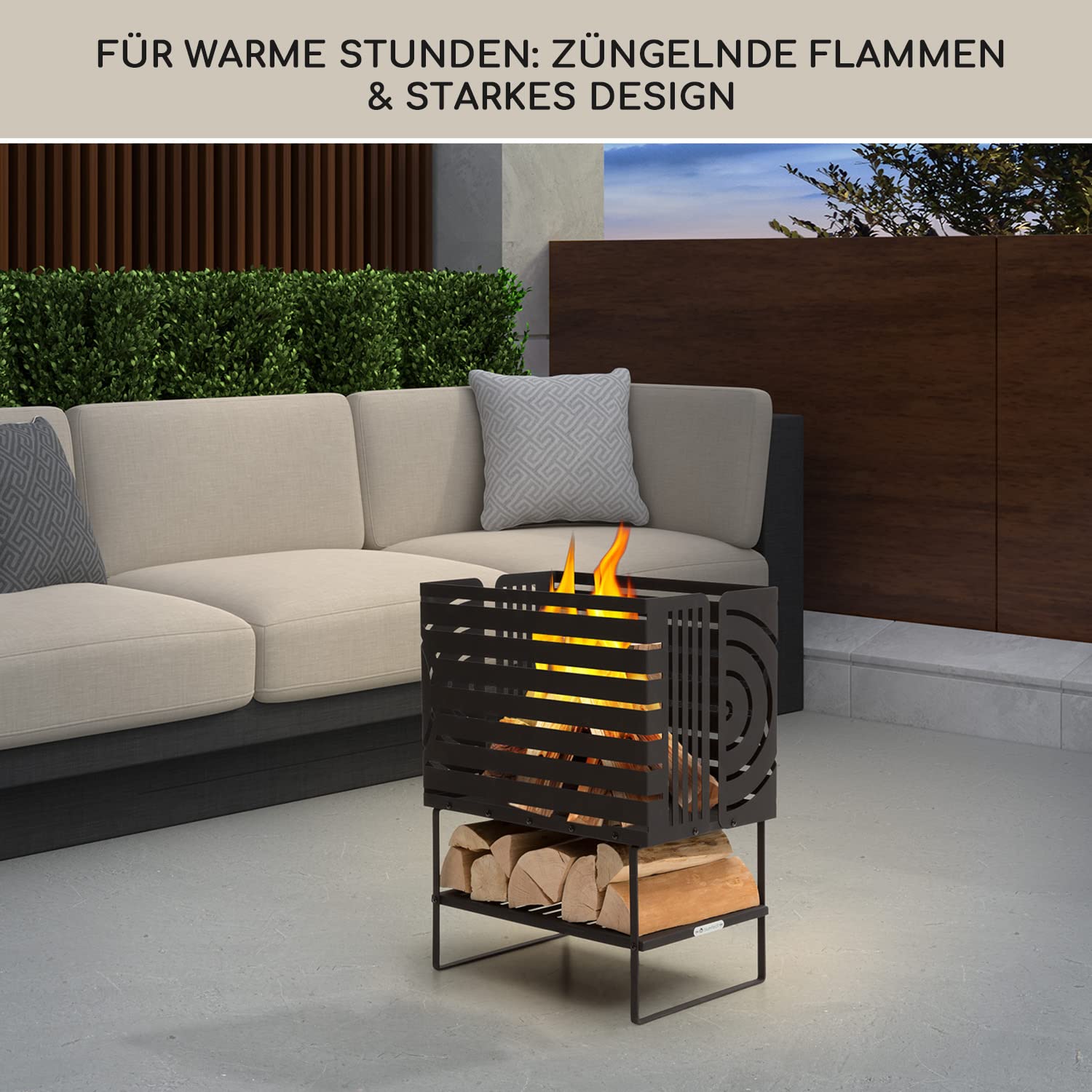 Blumfeldt Feuerschale, Outdoor Stahl-Feuerkorb Groß für den Garten, Balkon & Camping, Tragbare Feuerschale 54 cm, Robuste Feuerschalen mit Standfuß, Wetterfeste Rechteckige Feuerstelle