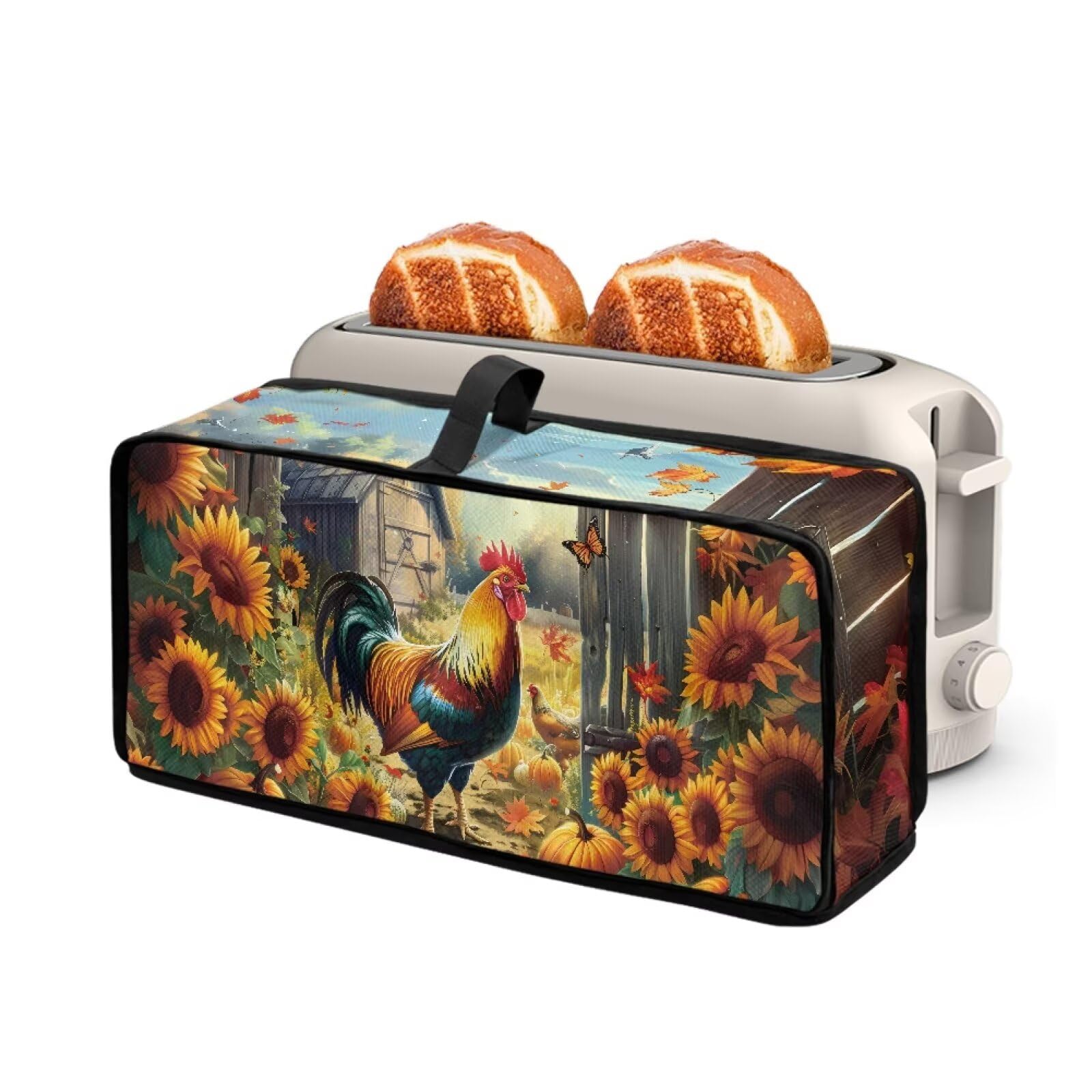 Sunflower Rooster Print Toaster Cover with Top Handle Universal Fit Most Standard 2 Slice Long Slot Bread Maker Oven Machine Dust Cover Kitchen Small Appliance Dust Protector