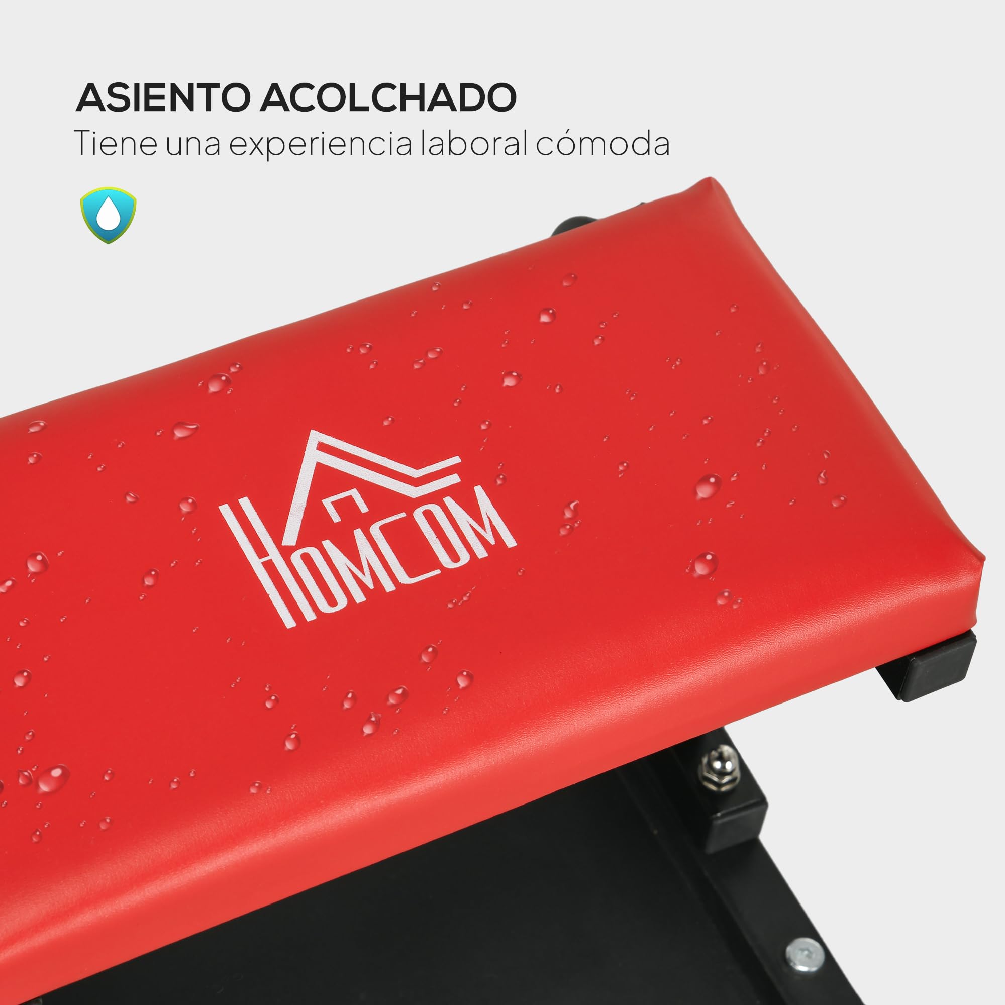 HOMCOM Taburete de Taller Móvil con Ruedas para Mecánico 100 kg Rojo | Asiento Taburete, Bandeja para Herramientas, Estructura de Acero, para Garaje, Reparación de Coches