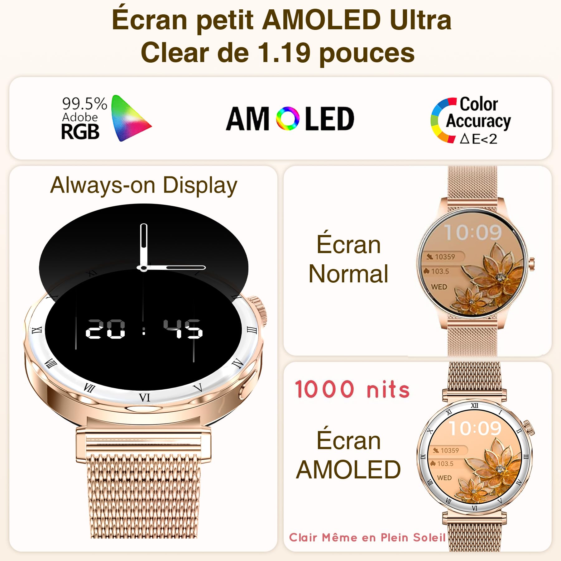 Montre Connectée Femme (3 Bracelets) 1,19" AMOLED Tendance Fitness Podomètre Smartwatch pour Android IOS avec Appel Bluetooth, Fonction Féminine/Cardio/Sommeil, 120+ Modes Sport Étanche IP68, Or Rose