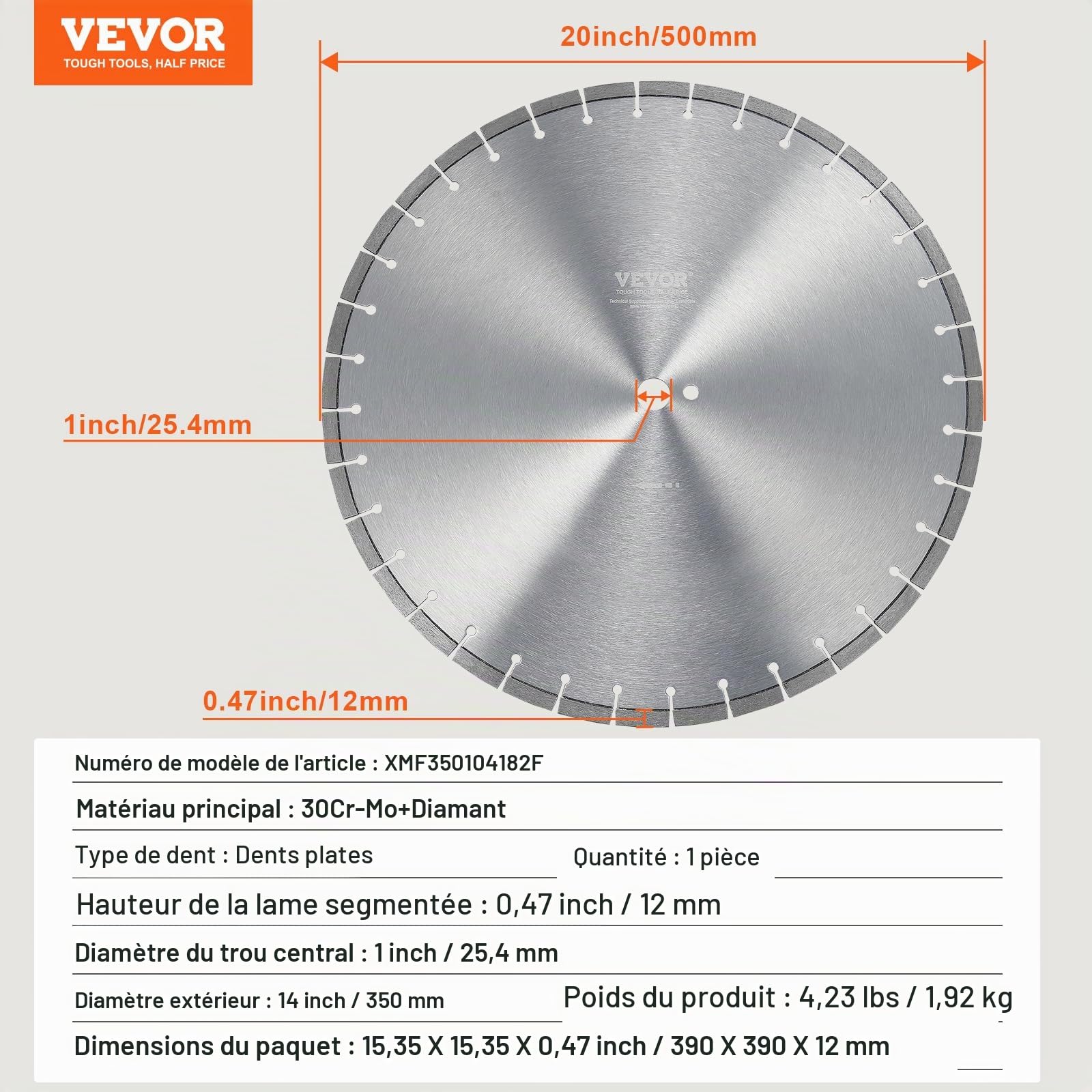 VEVOR Disque à Tronçonner Diamanté 350 mm, Disque Diamant Humide ou Sèche, Lame de Scie à Béton avec Dents Plates de 10 mm, Diamètre du Trou Central Universel 25,4 mm, pour Béton, Carrelage, Brique