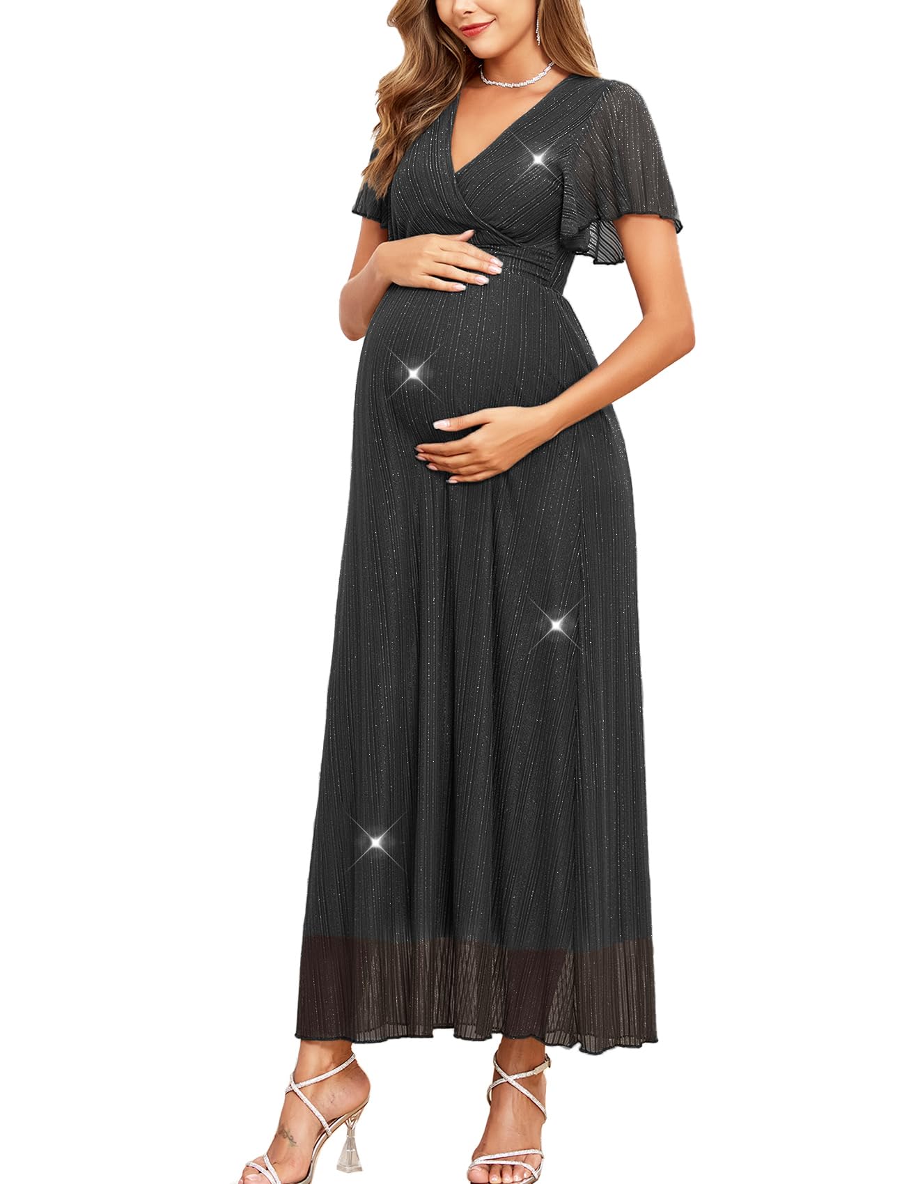Photo 1 of AISWI Maternity Sparkly Mesh Maxi Dress Ruffle Sleeve Wrap V Neck Flowy Pregnancy Dresses Baby Shower Photoshoot Formal, Black, Small