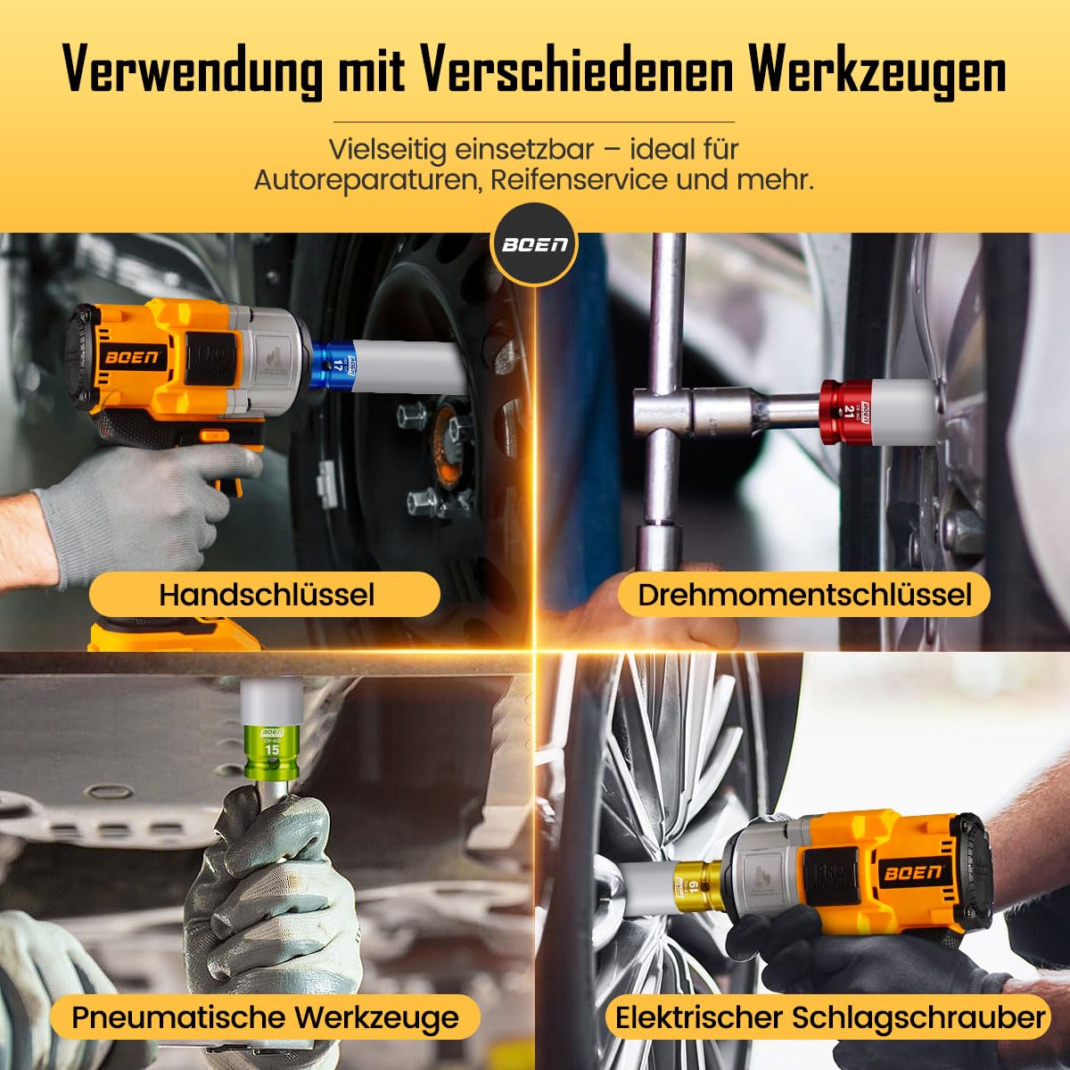 1/2" Antrieb Schlagschrauber Nüsse set, 5-teilig, Metrisch(15 17 19 21 22 mm), Cr-Mo Schonnüsse Set, Dünnwandig für Alufelgen Radwechsel mit Felgenschutz, 6-Punkt, farbig elektroplattiert