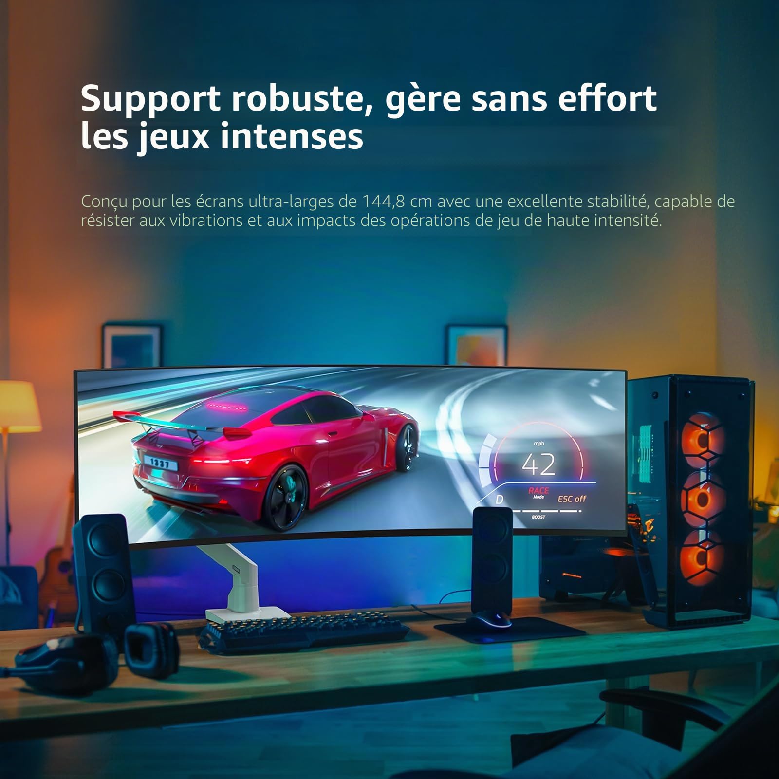 BEWISER Bras de Moniteur Ultra Large pour écrans de 86,4 à 124,5 cm et Nouveaux écrans de 144,8 cm, capacité de Charge jusqu'à 20 kg, Bras de Moniteur réglable pivotant en Hauteur (Blanc)