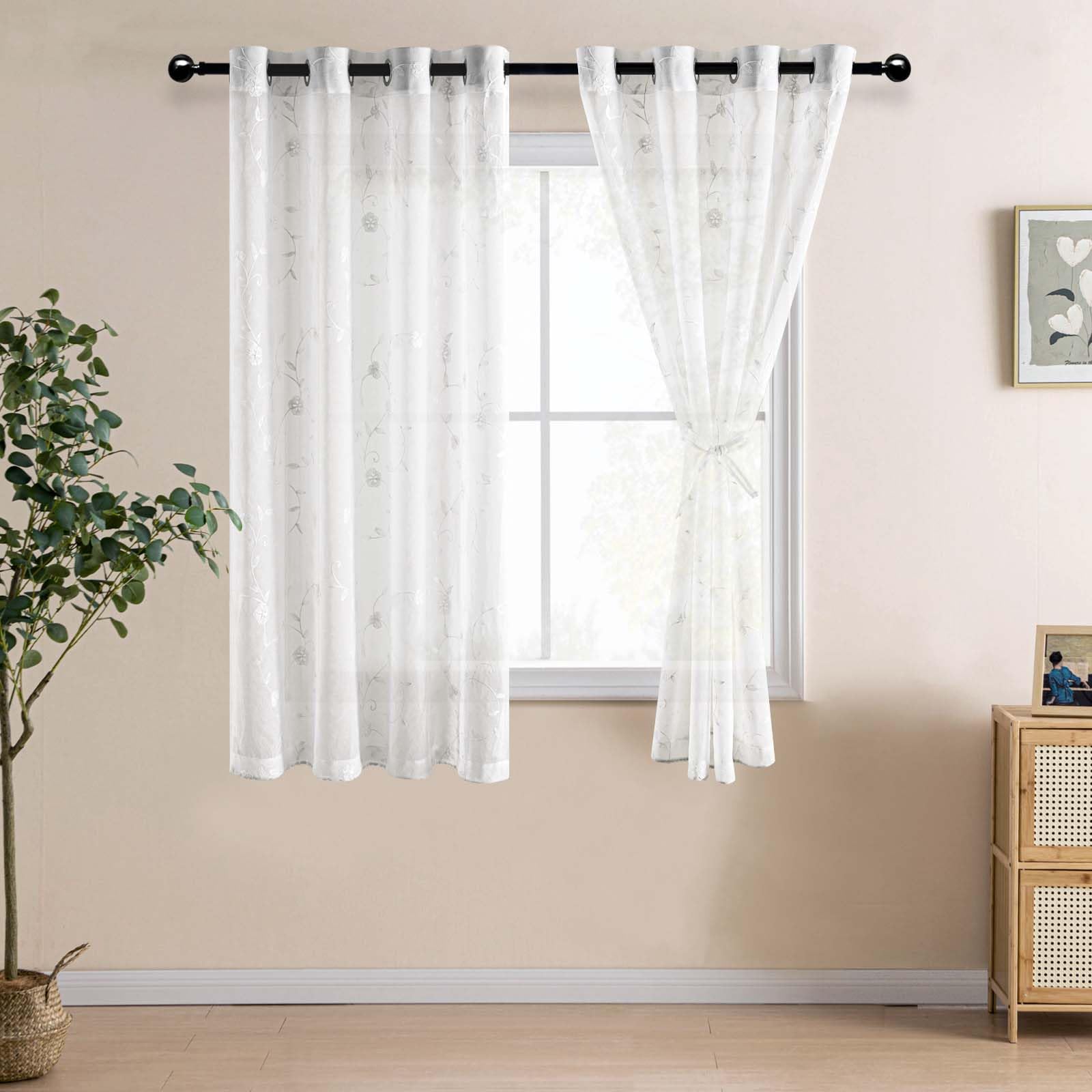 DWCN Embroidery Sheer Curtains Decoration Flora Design Grommet Window Curtain Semi Voile Drapes with Eyelets Window Treatments for Living Room Bedroom 2 Panels 52" W x 63" L White - Image 2