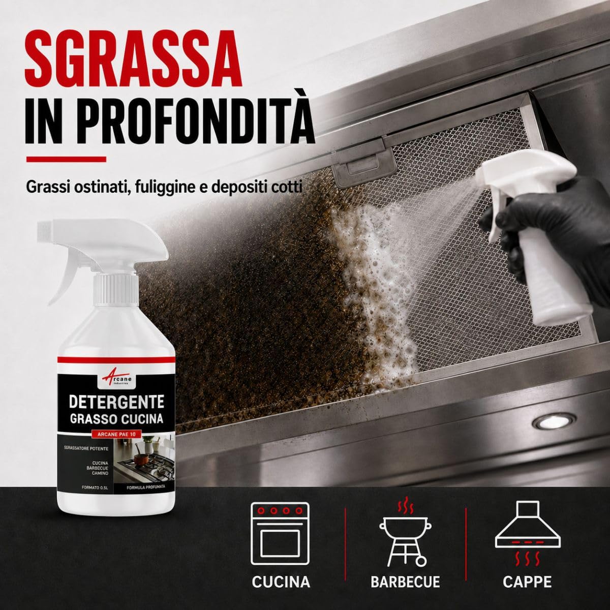 Sgrassatore Cucina, Cappa, Barbecue, Griglie e Piani Cottura 5 L | Sgrassa Grassi e Fuliggine Ostinati, Cappe, Barbecue, Griglie, Piani Cottura, Superfici Lavabili - Arcane Industries
