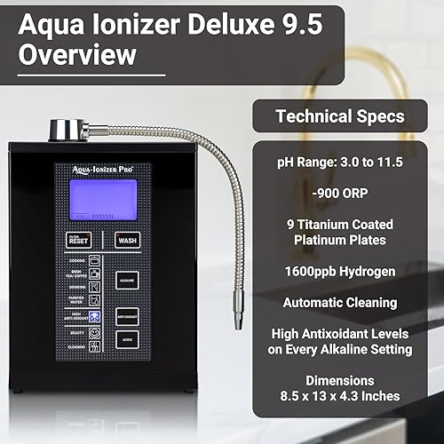 Miniatura 8 de Aqua Ionizer Deluxe 9.5 Ionizador de agua antioxidante | Produce un sistema de filtración de agua alcalina pH 3.0-11.5 | hasta -880mV ORP | 4000