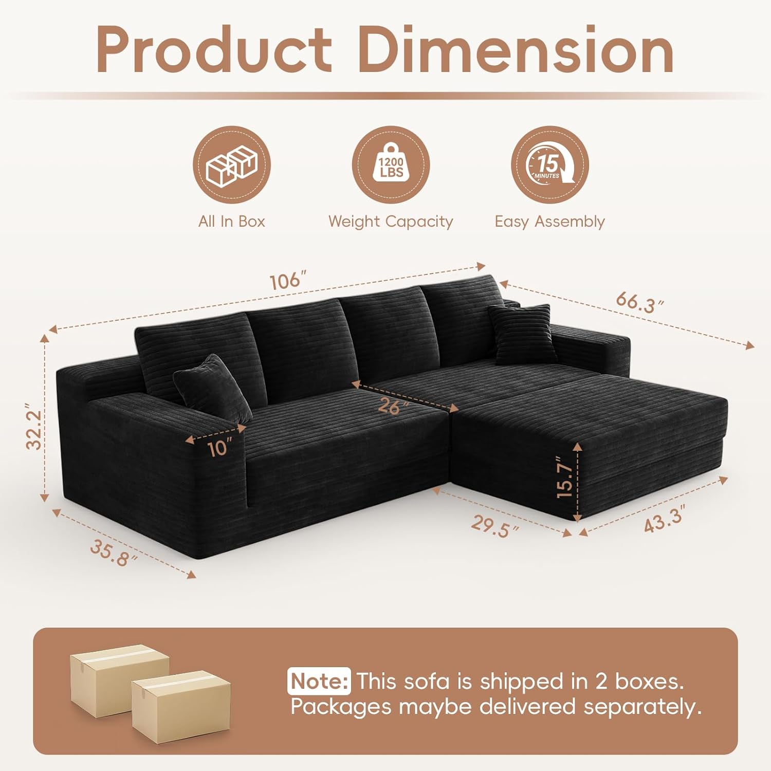 106" Modular Cloud Sofa - Boneless Couch Convertible Sectional with High Density Foam, 4-in-1 Sofa Bed/Tatami/L-Shape Couch, No Assembly Required