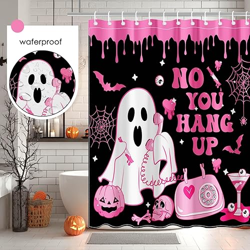 Miniatura 5 de Mocsicka Juego de cortinas de ducha de Halloween con cara de fantasma, estilo curciano, estilo gótico, juego de cortina de ducha de terror rosa con