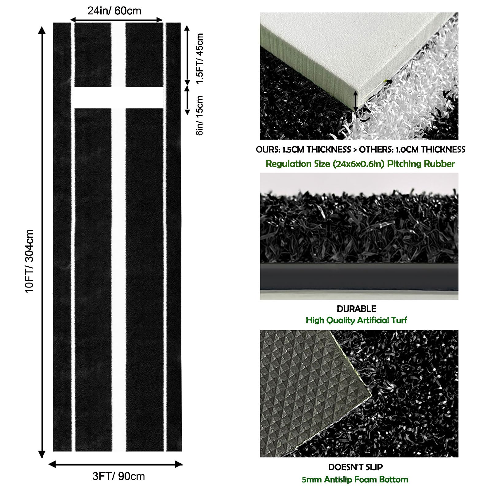 10' X 3' Softball Baseball Pitching Mat Softball Pitching Rubber with 5mm Foam Power Line Durable and Non-Slip Softball Pitchers Pitching Mound